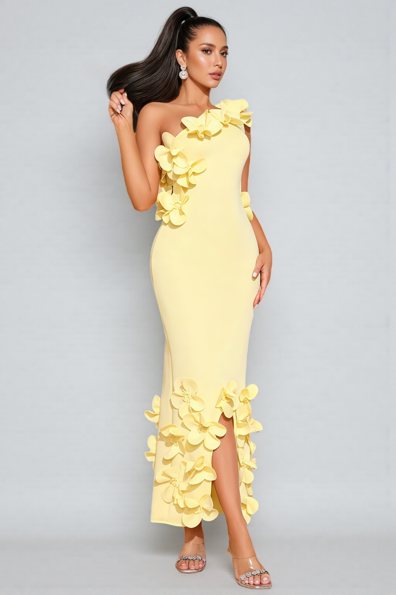 Zalia Yellow One-Shoulder 3D Floral Maxi Dress