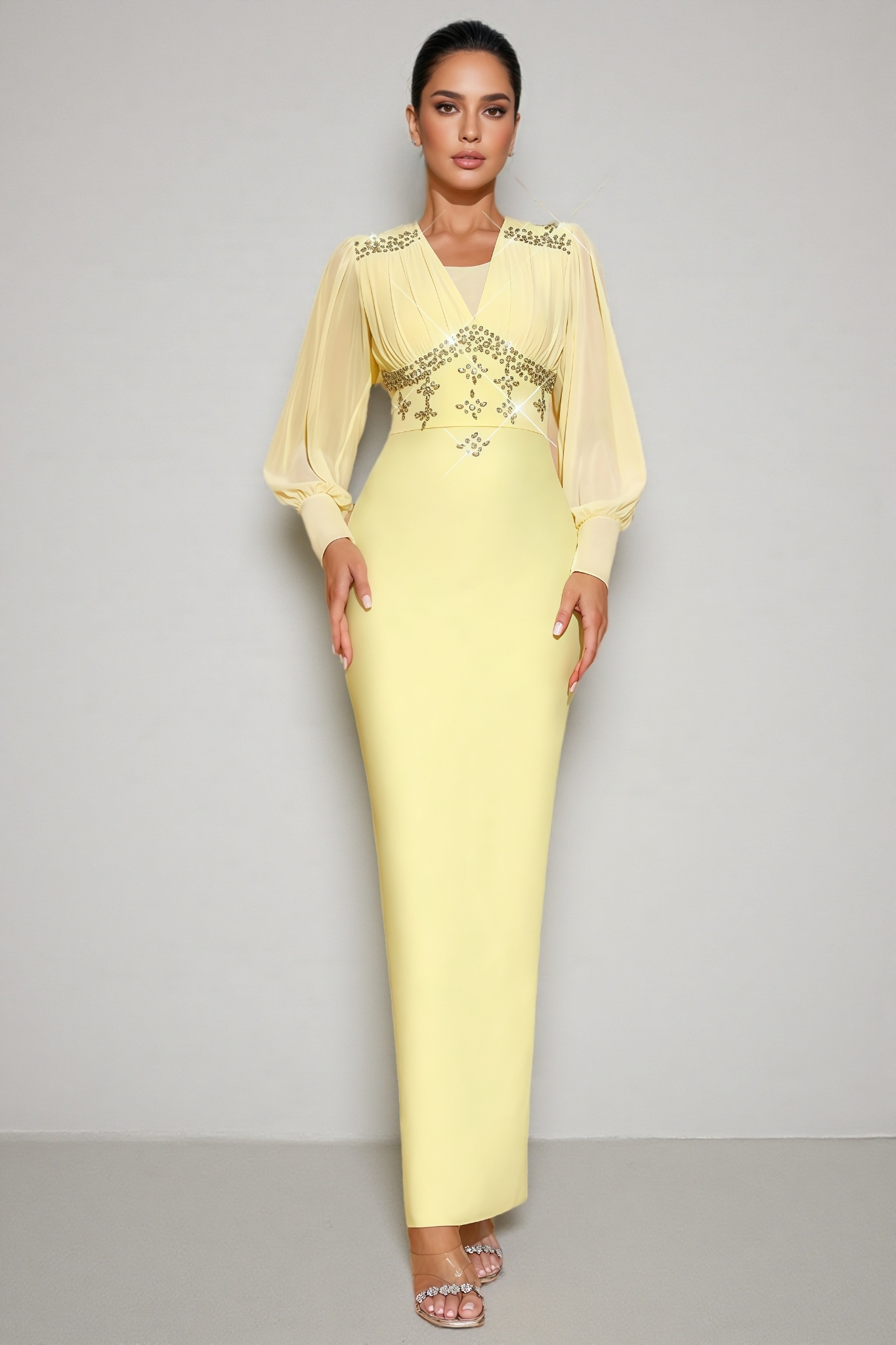 Euopa Yellow Rhinestone Maxi Dress