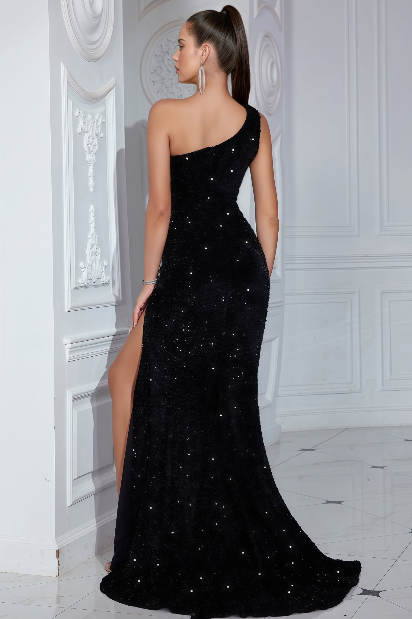 Paex Slant Shoulder Split Sequin Maxi Dress