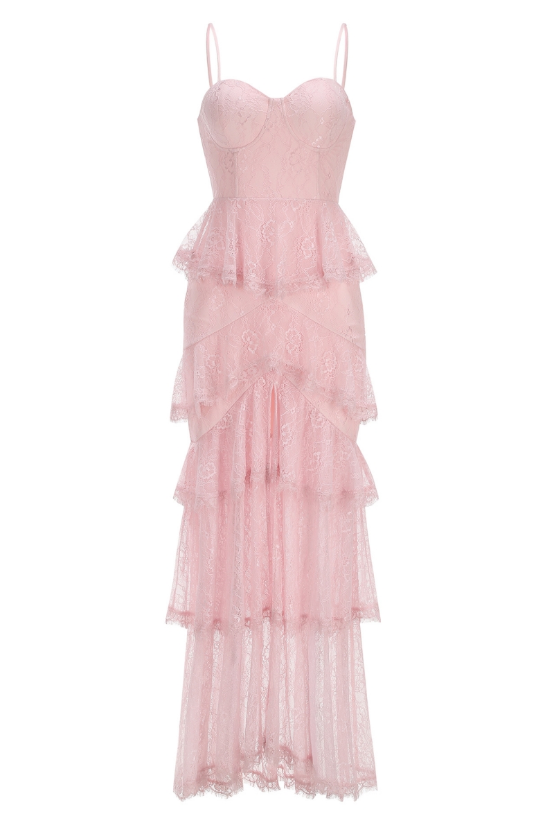 Saffron Pink Halter Lace Slit Maxi Dress