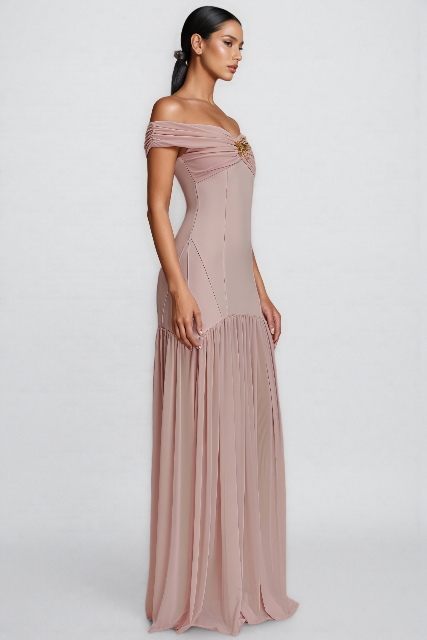 Cionlt Pink Mesh Backless Pleated Maxi Dress