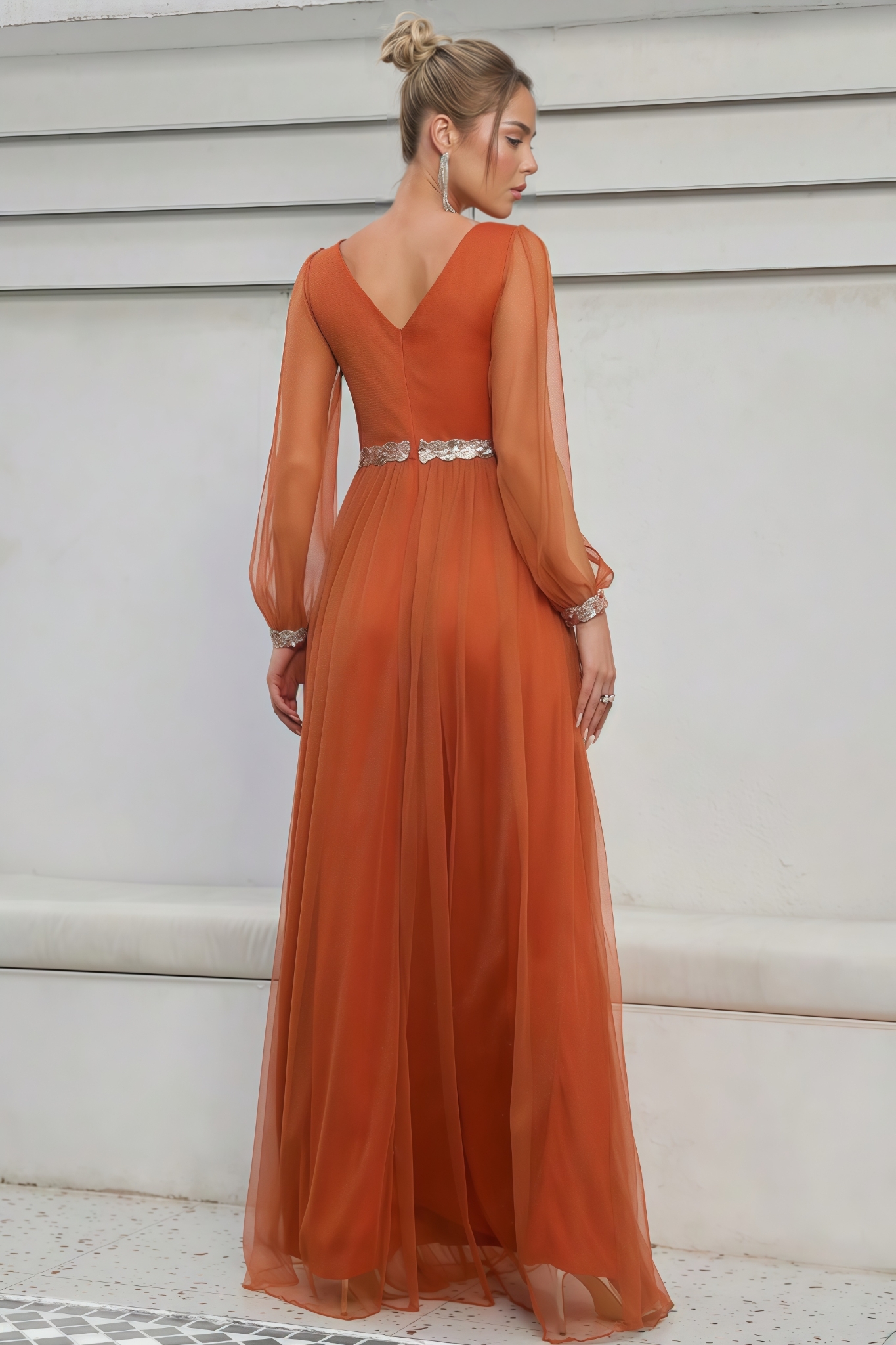 Kole Orange V-neck Mesh Slit Maxi Dress