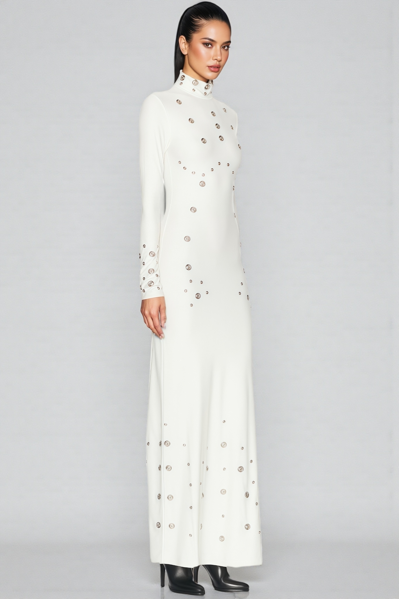 Nude White Studded Cutout Maxi Dress