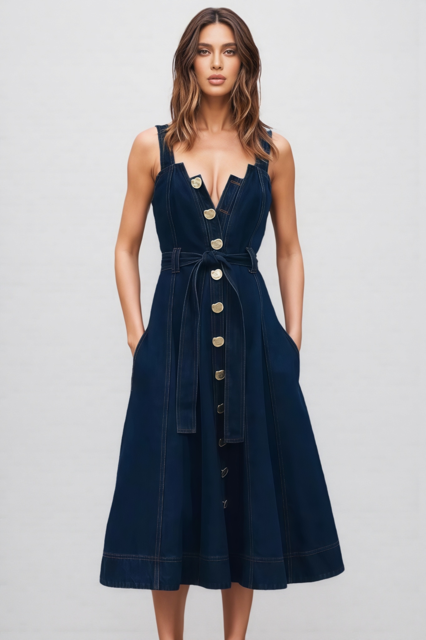 Aldasn Blue Halter Denim Maxi Dress