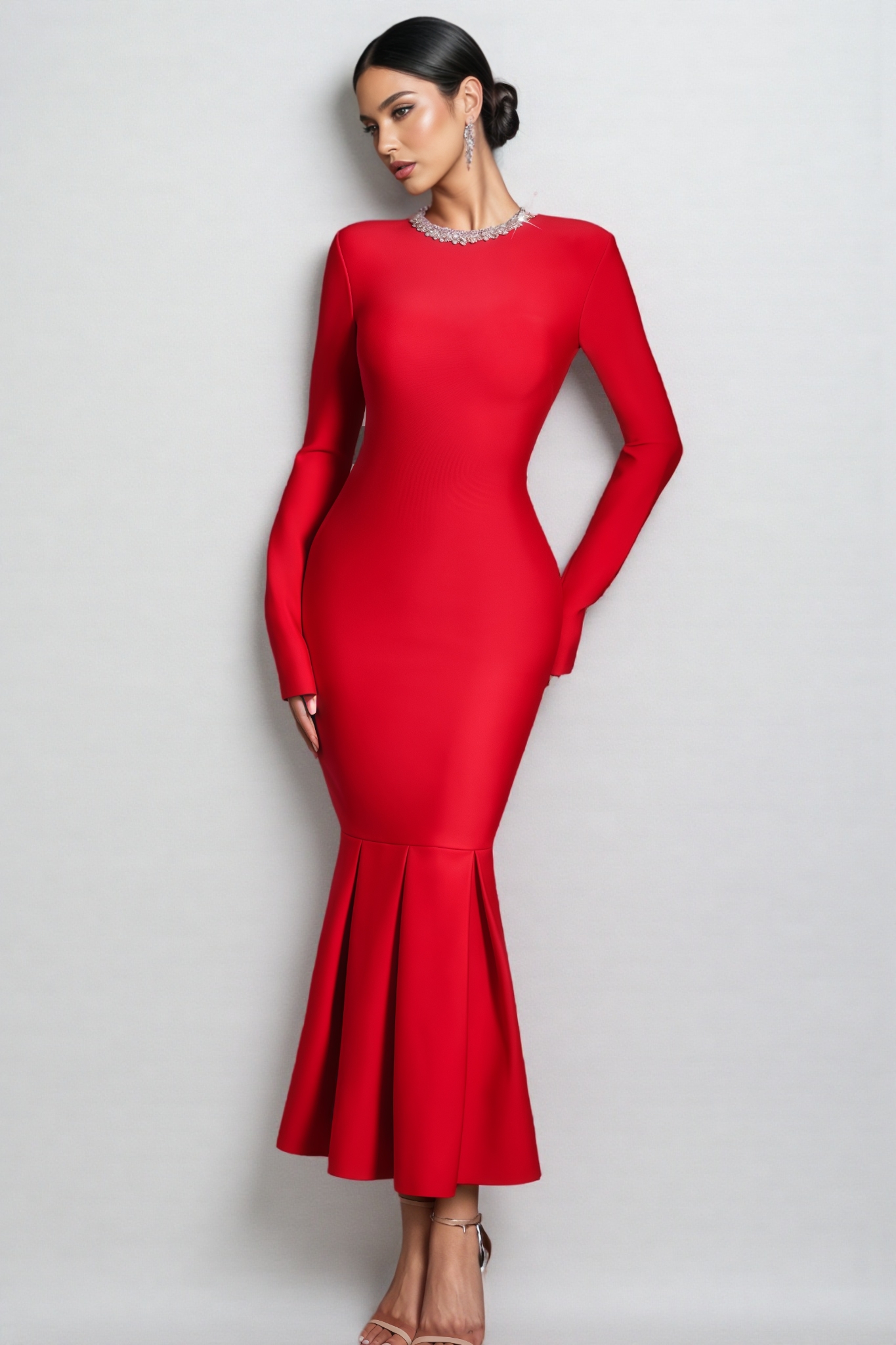 Idony Red Rhinestone Bandage Fishtail Maxi Dress