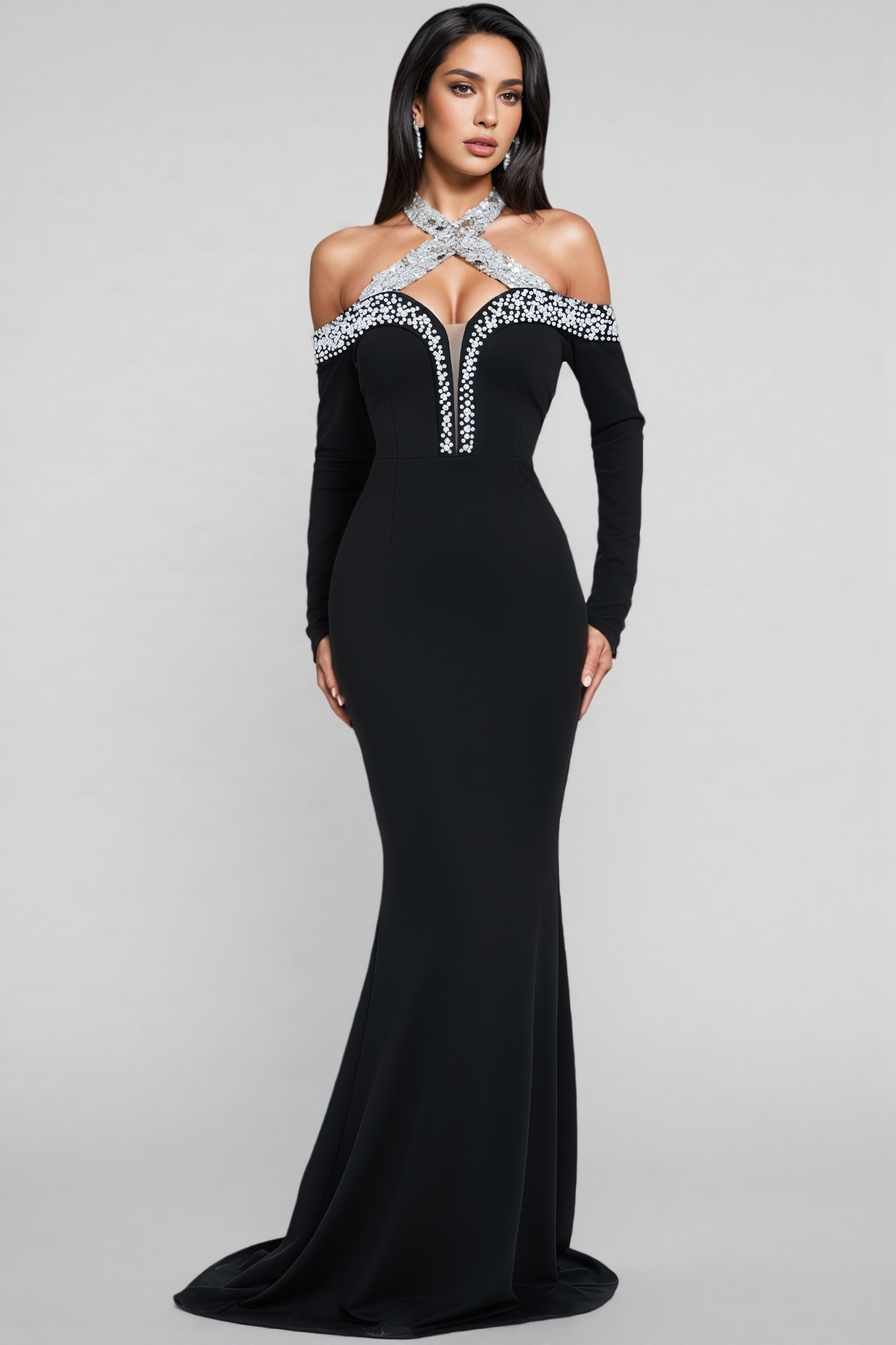 Hyxra Diamond Studded Fishtail Maxi Dress