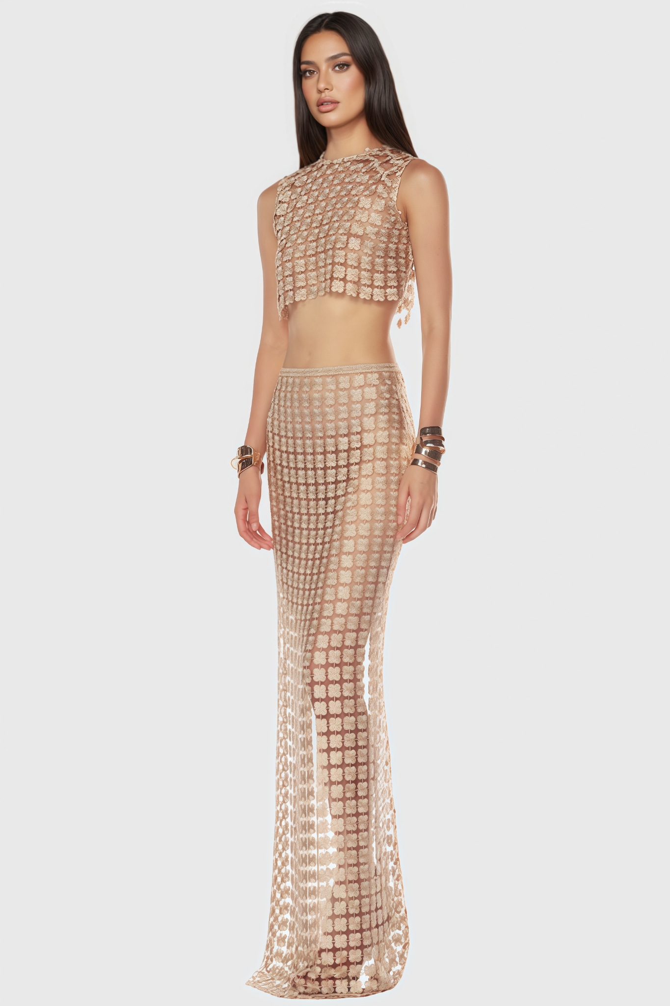 Noelle Sheer Plaid Fishtail Maxi Dress Two Piece Set