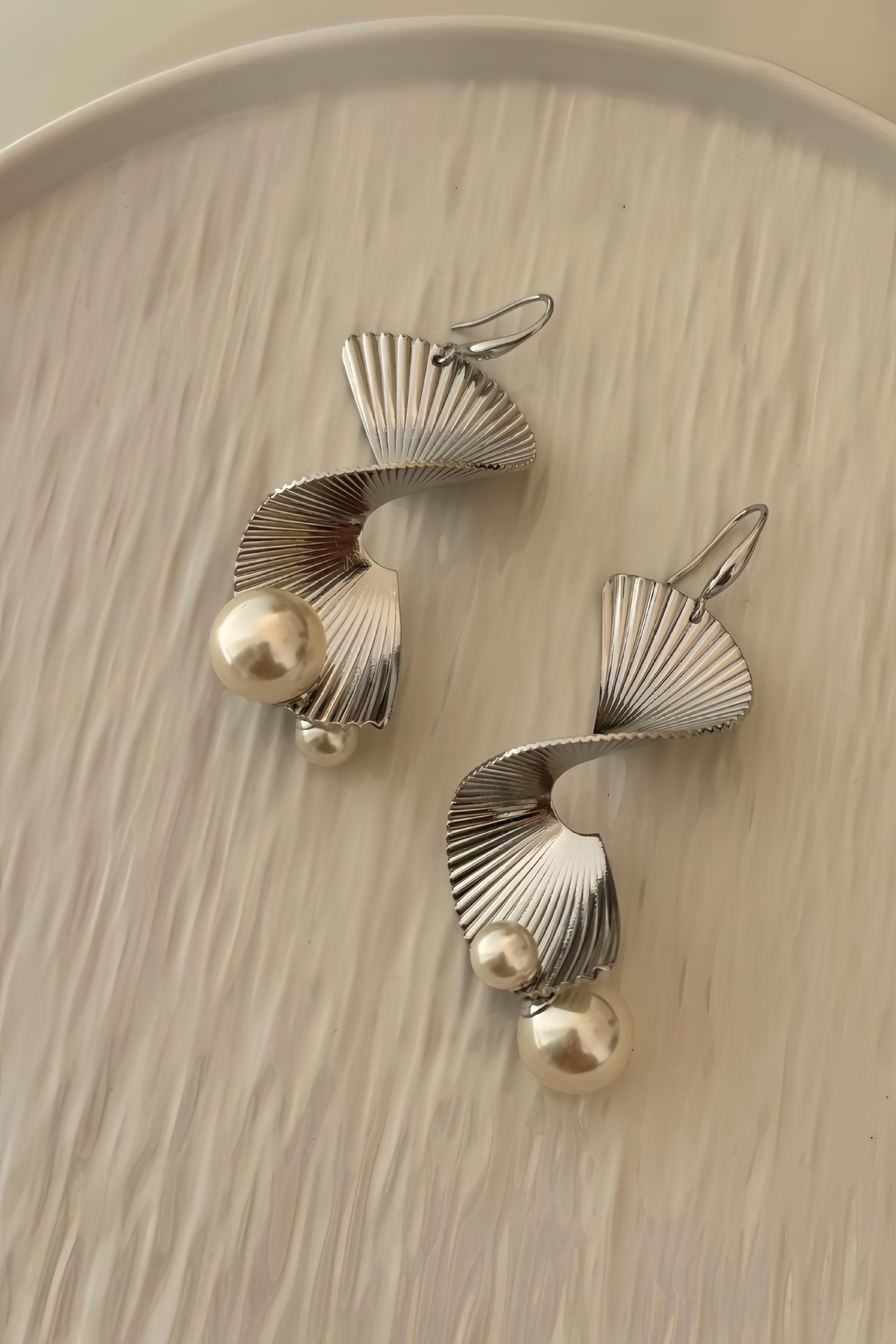 Kasey Wave Sector Pearl Tassels Silver Earrings