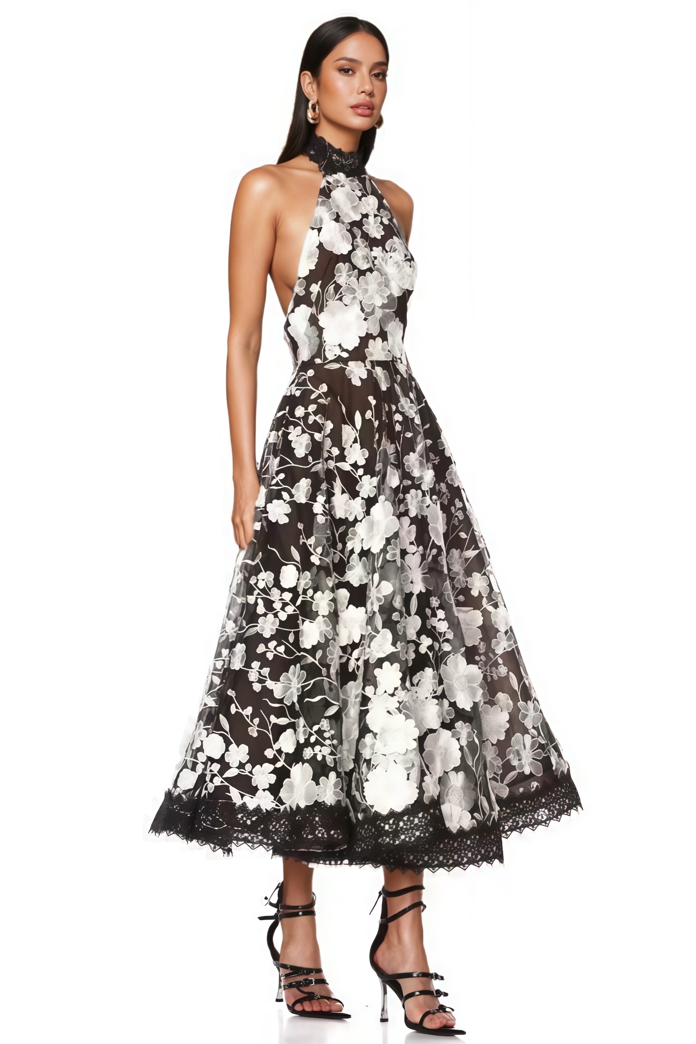 Noricd Black 3D Floral Open Back Maxi Dress