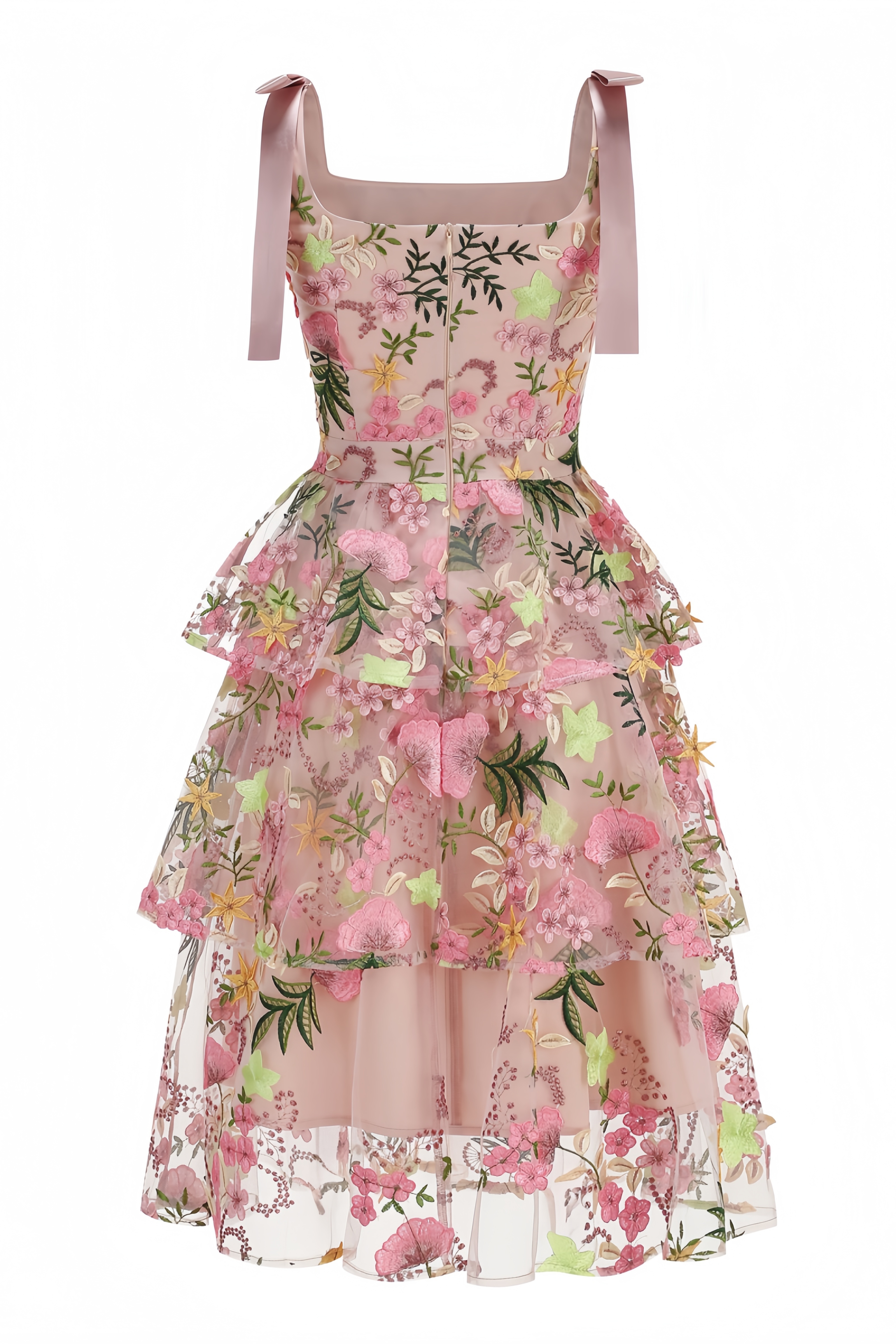 Ewant Pink Embroidery Tiered Ruffle Midi Dress