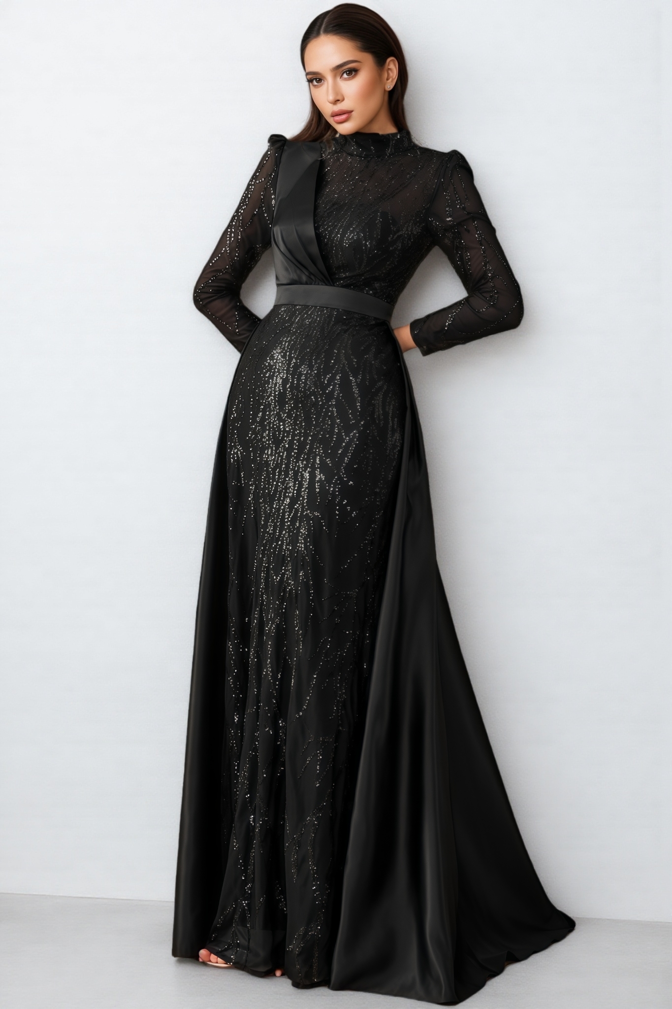 Moto Sequin Satin Long-sleeved Cape Gown