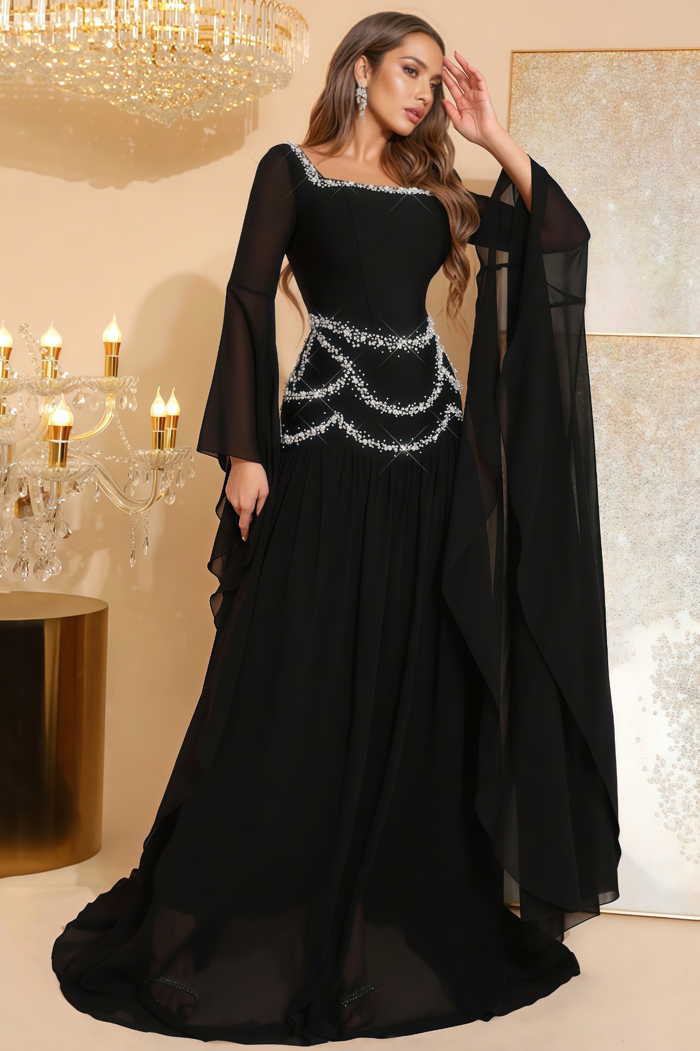 Llrik Black Long Sleeve Mesh Maxi Dress