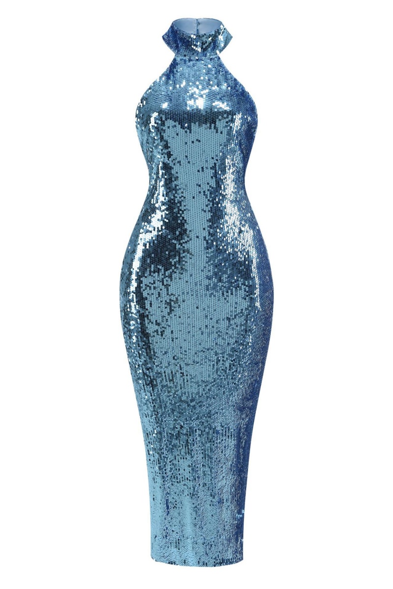 Birtin Blue Slit Sequined Maxi Dress