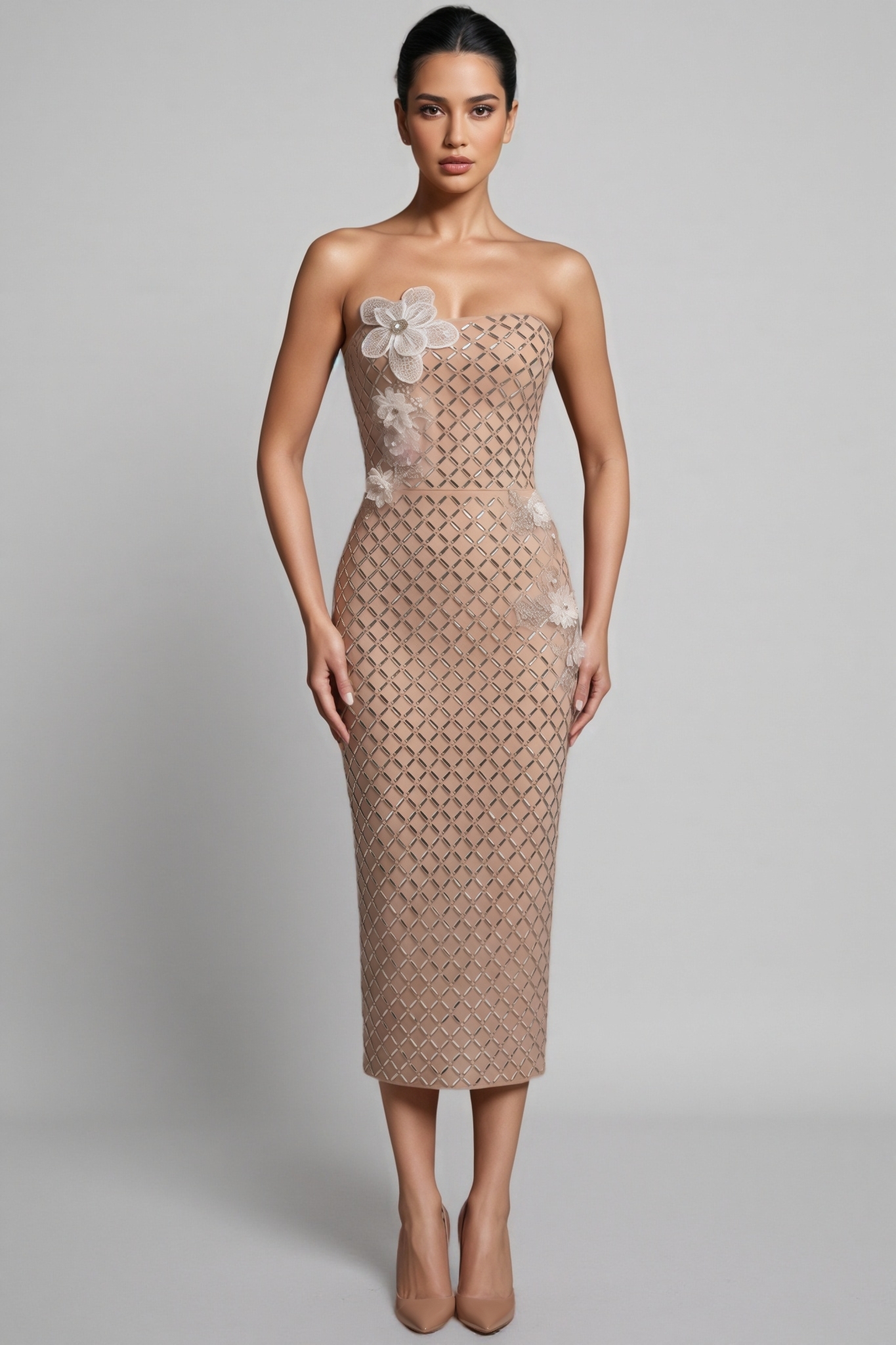 Havinia Beige Rhinestone 3D Floral Midi Dress