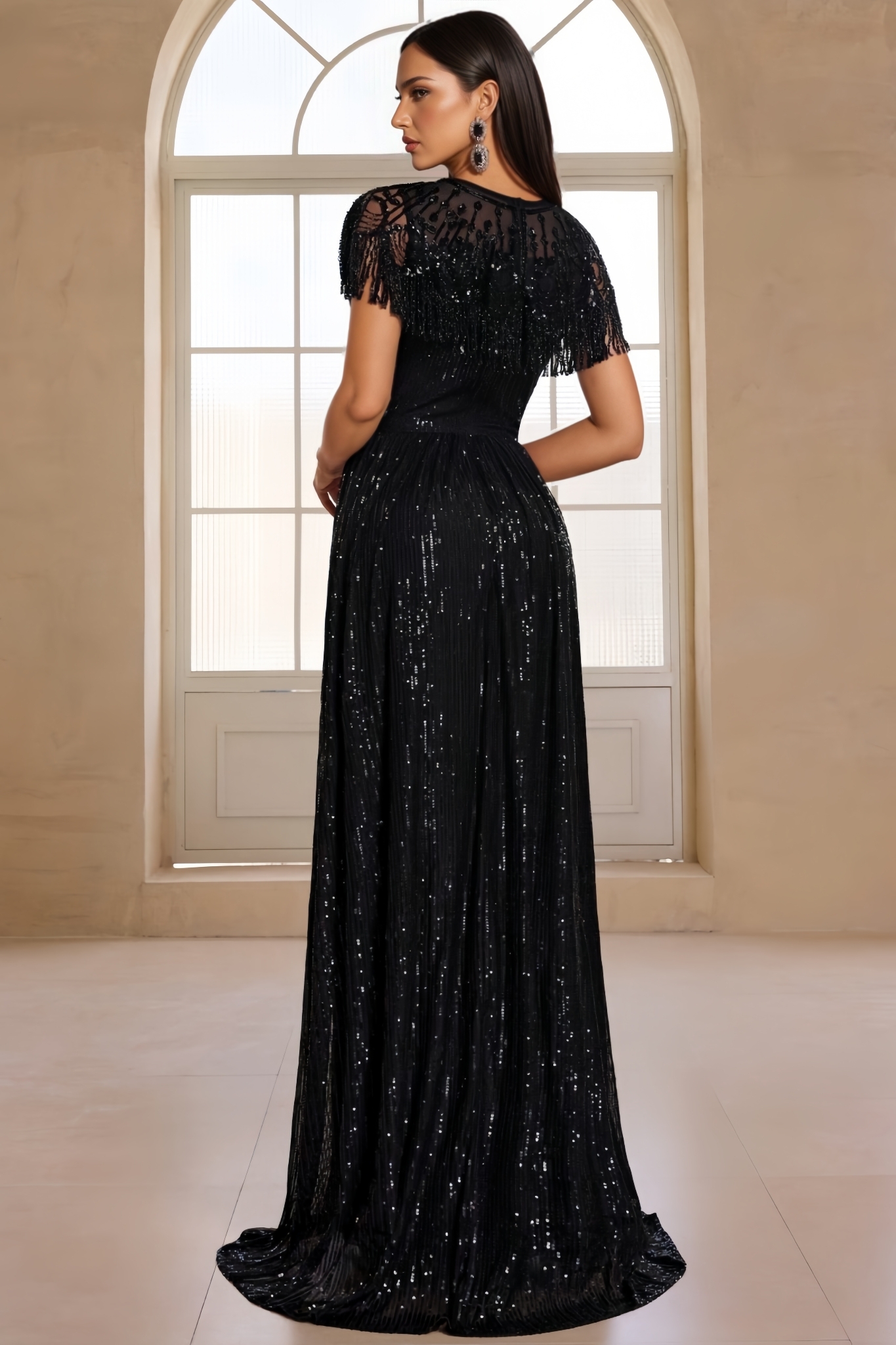 Fernanda Black Short Sleeve Fringe Maxi Dress
