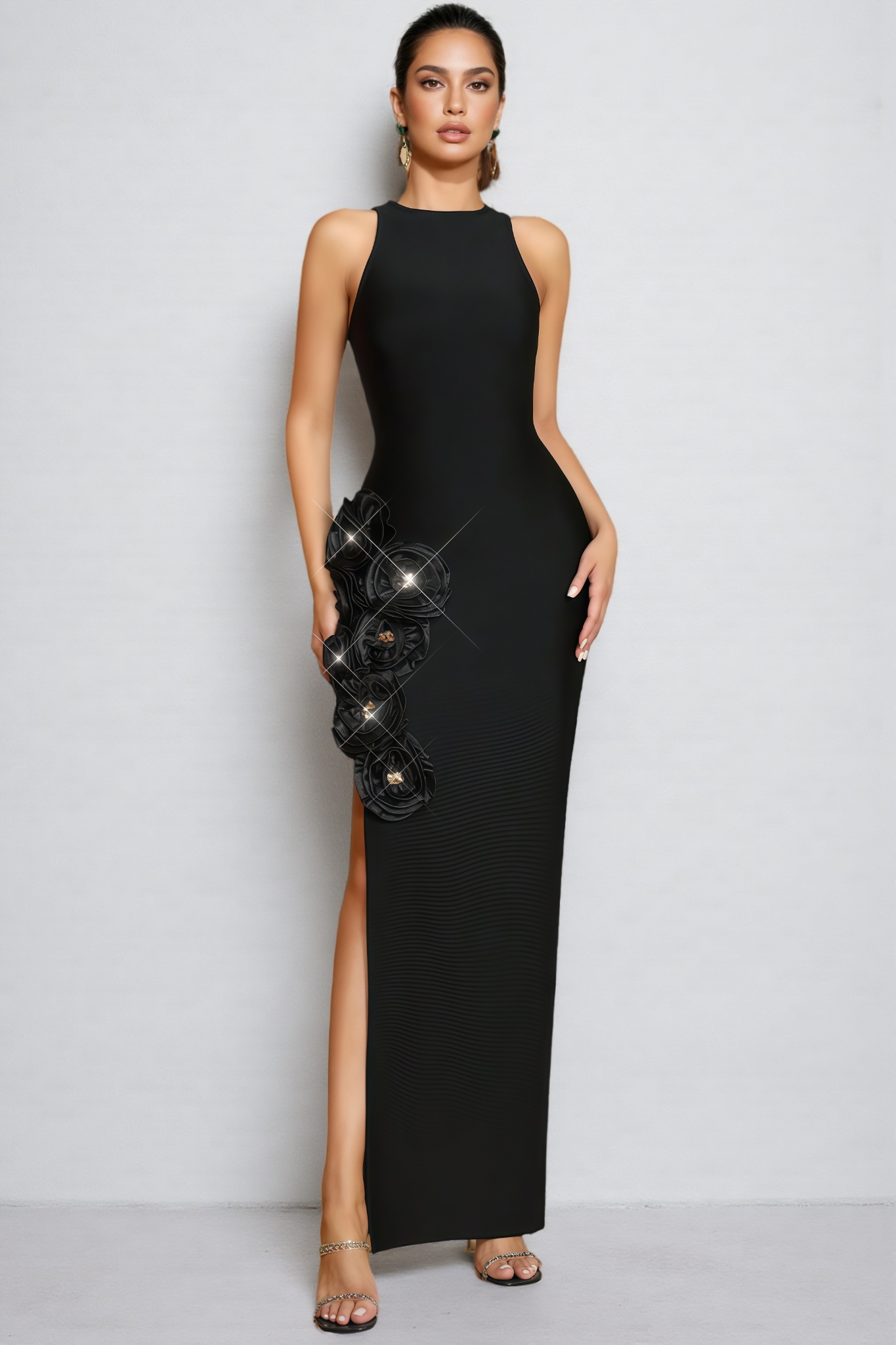 Noa Black 3D Floral Bandage Maxi Dress
