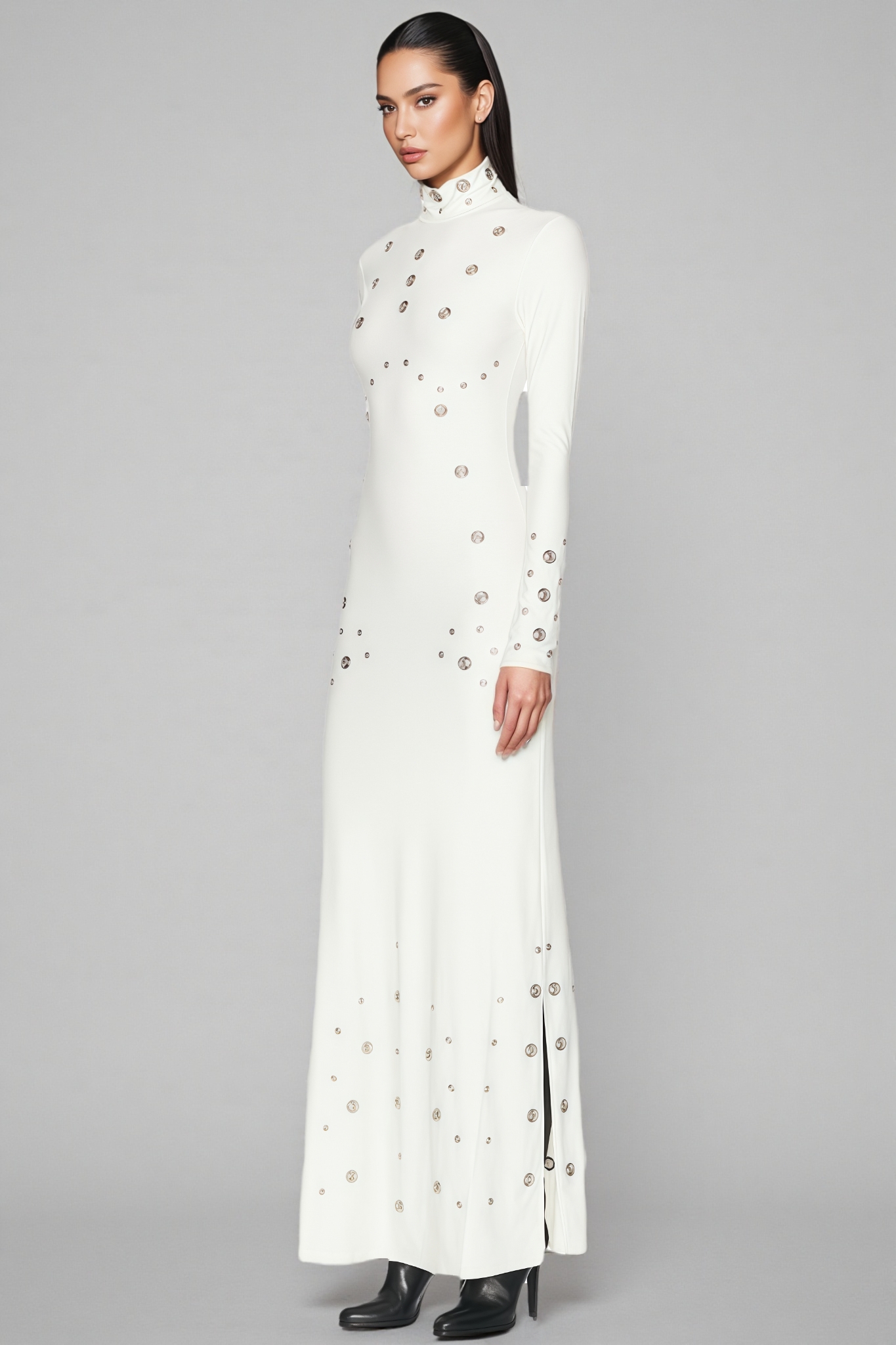 Nude White Studded Cutout Maxi Dress