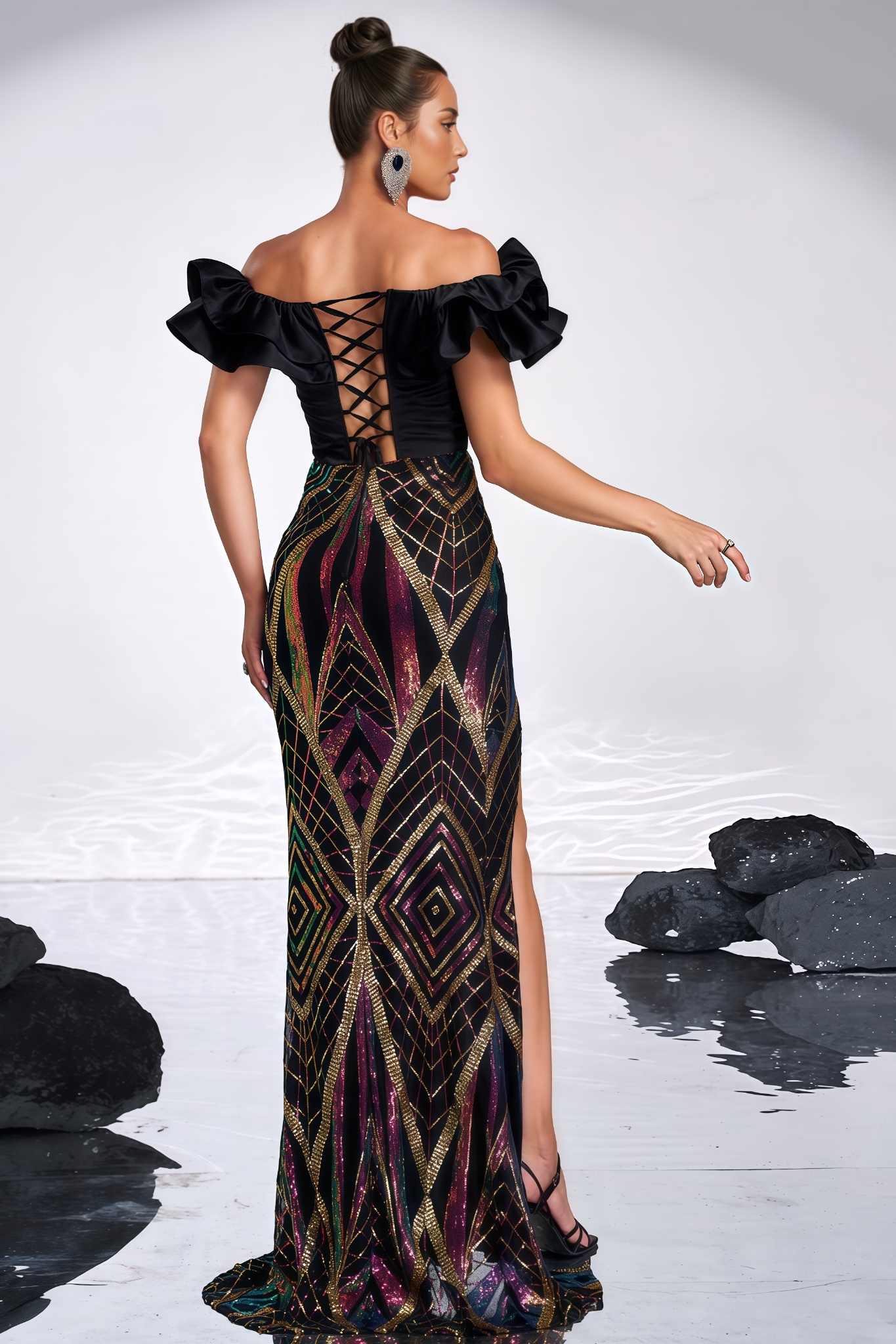 Rebekah Black Sequined Slit Maxi Dress