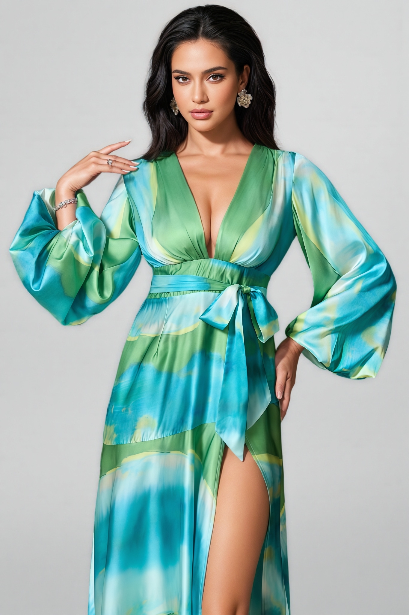 Selare Printed Bubble Sleeve Split Maxi Dress