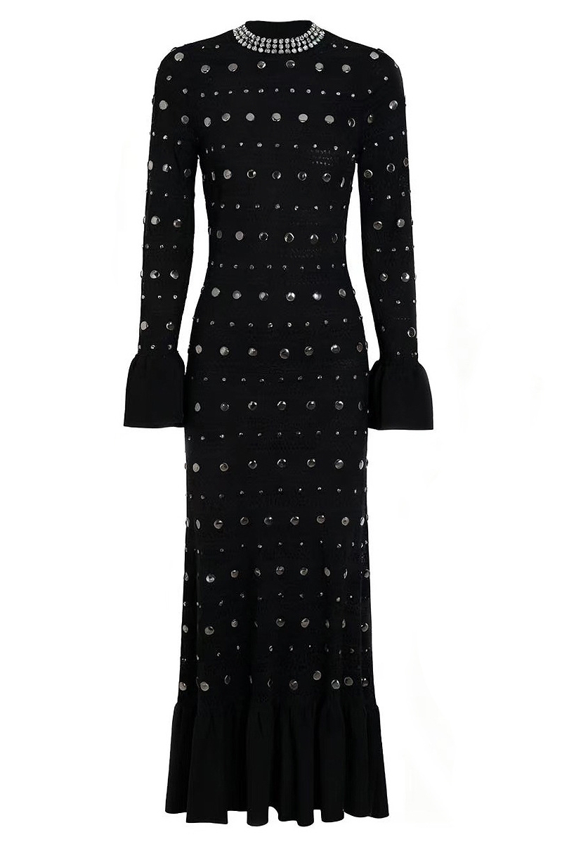 Manon Black Long Sleeve Studded Midi Dress