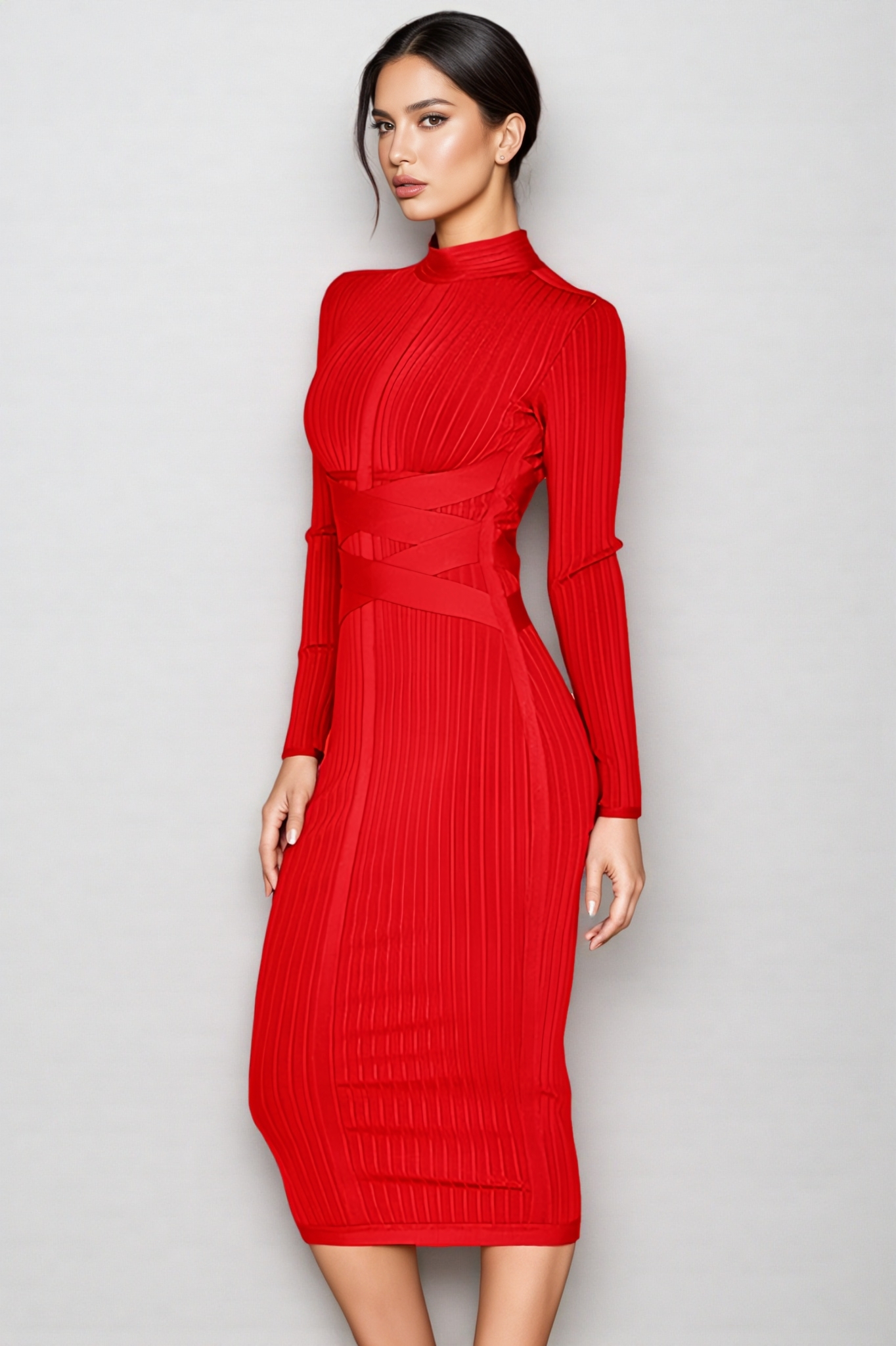 Layra Solid Colour Stand Collar Midi Dress-Red
