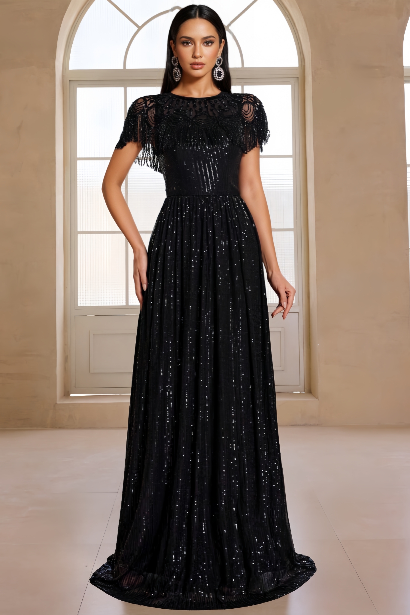 Fernanda Black Short Sleeve Fringe Maxi Dress