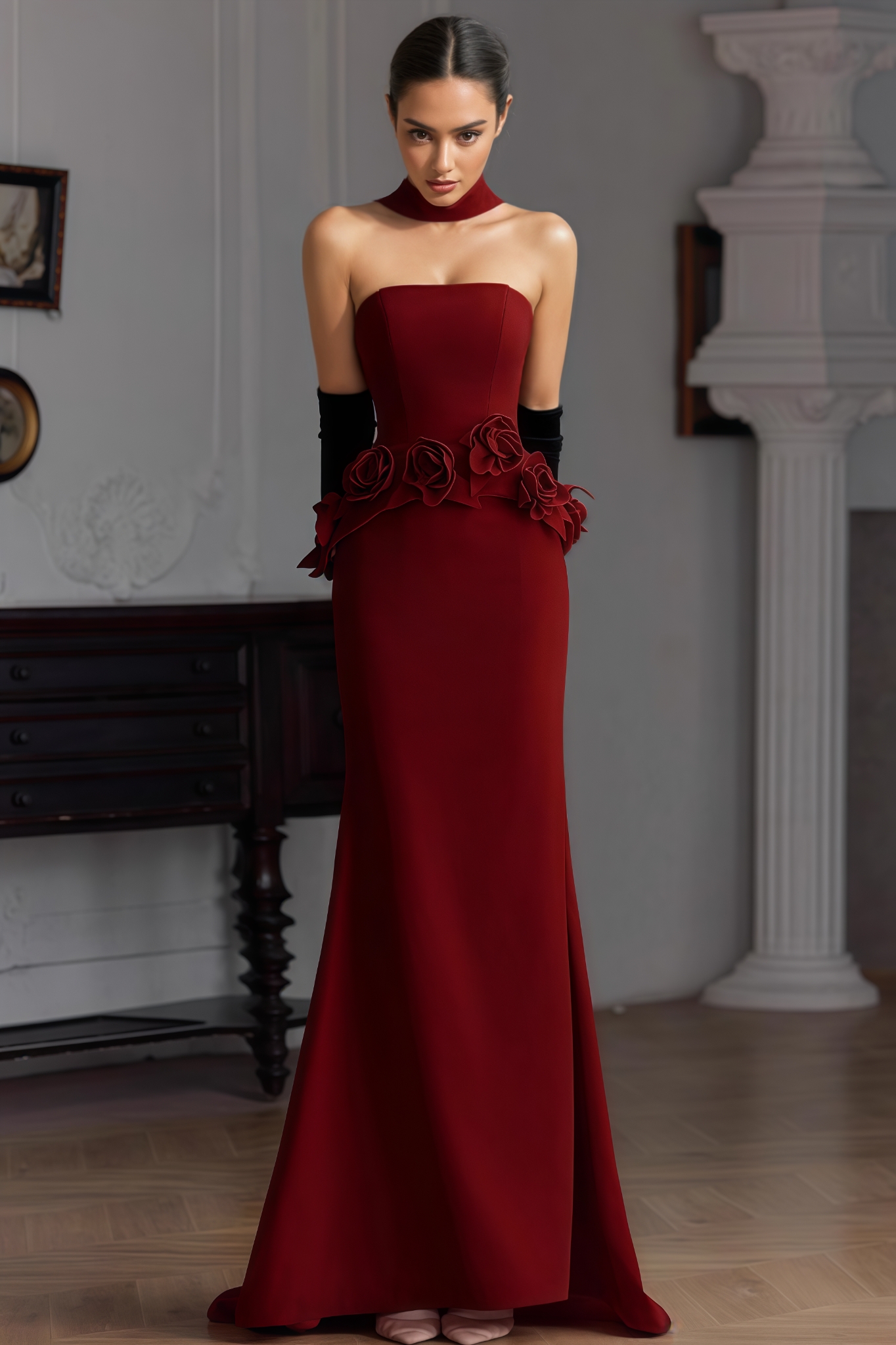 Tania Red 3D Floral Fishtail Maxi Dress