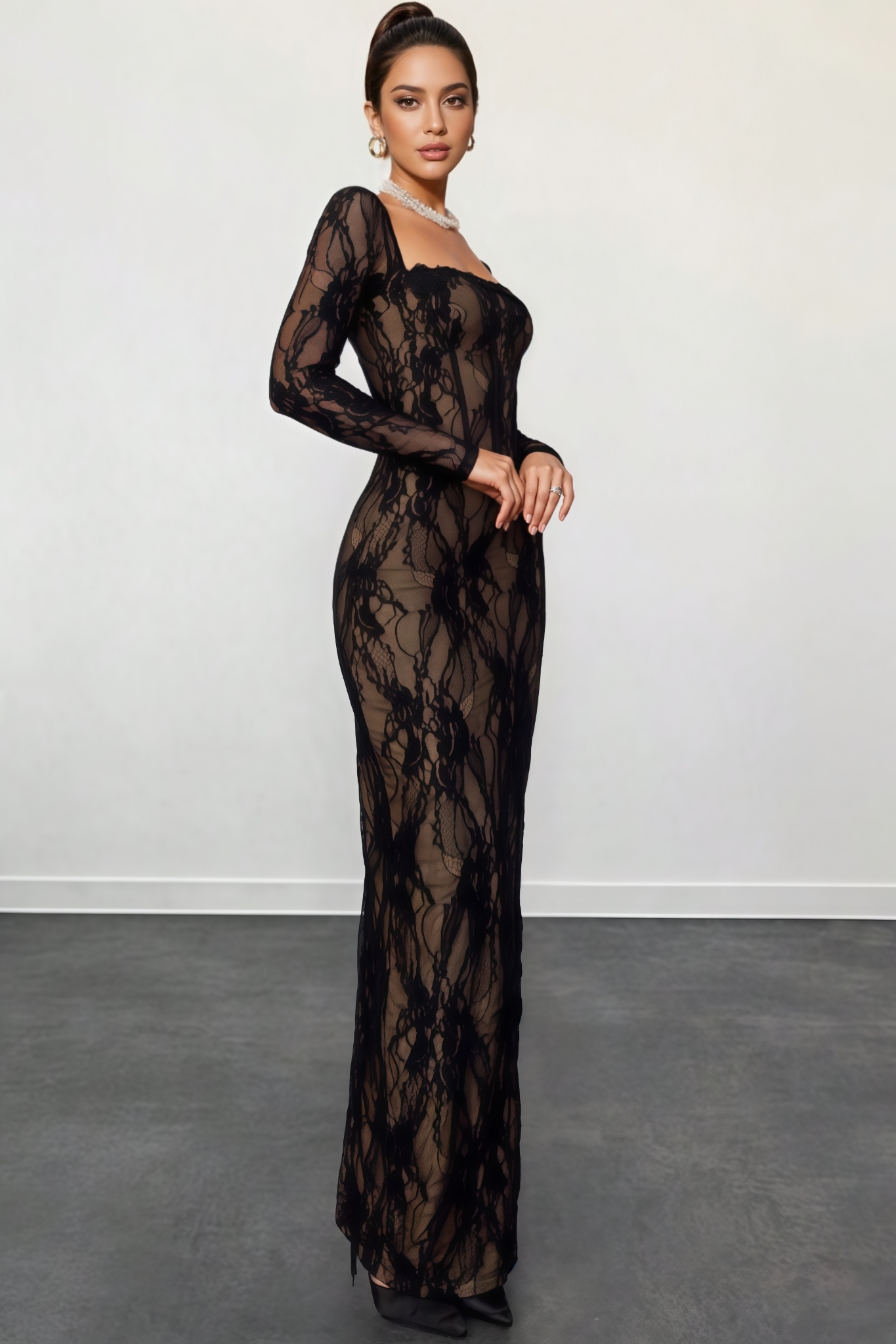 Enoahe Black Lace Slit Maxi Dress