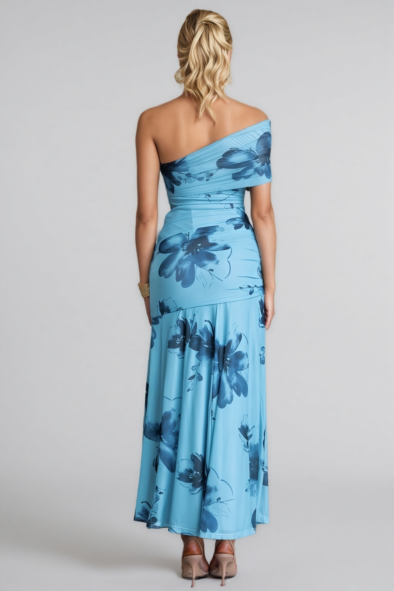 Saroyt Blue One Shoulder Floral Maxi Dress