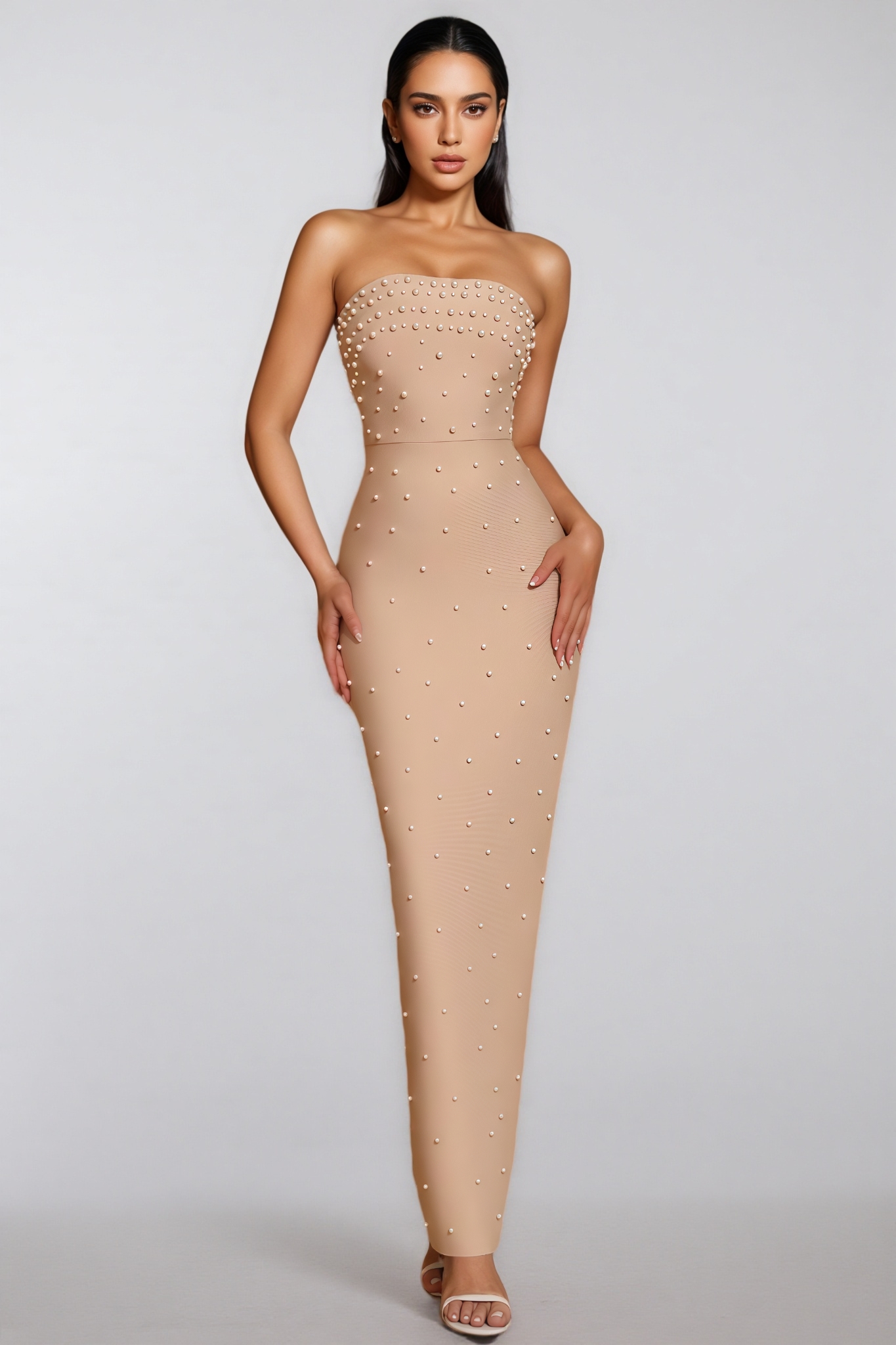Sevyn Apricot Strapless Pearl Maxi Dress