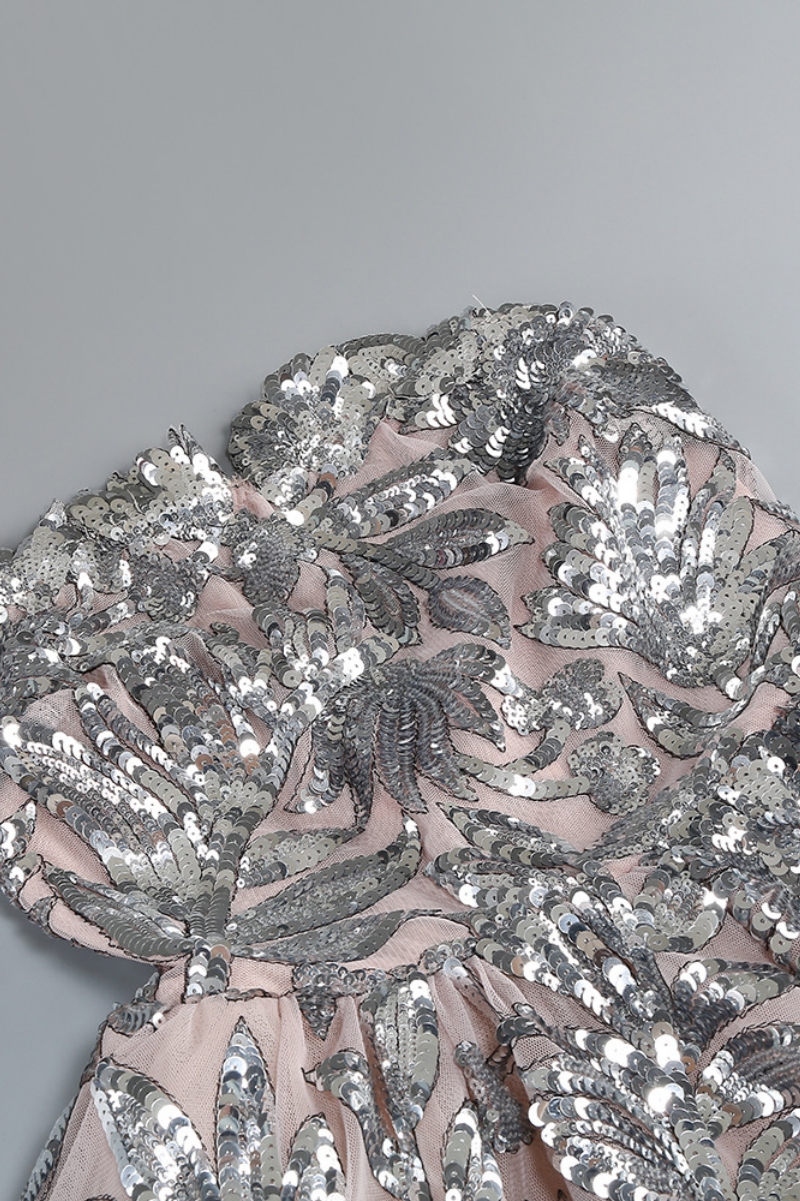 Morviy Silver Sequin Strapless Mini Dress