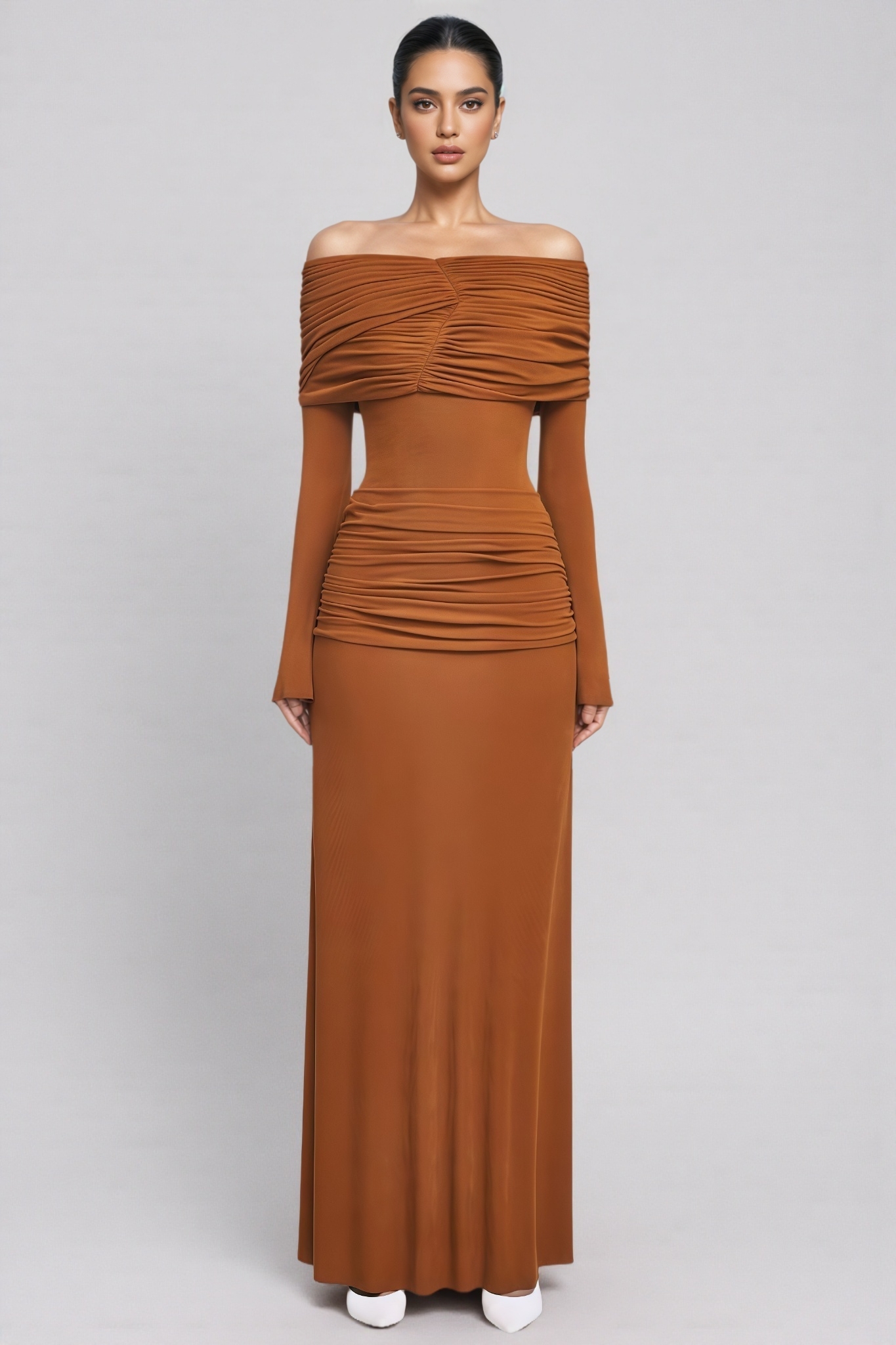 Davore Orange Knit Long Sleeve Pleated Maxi Dress