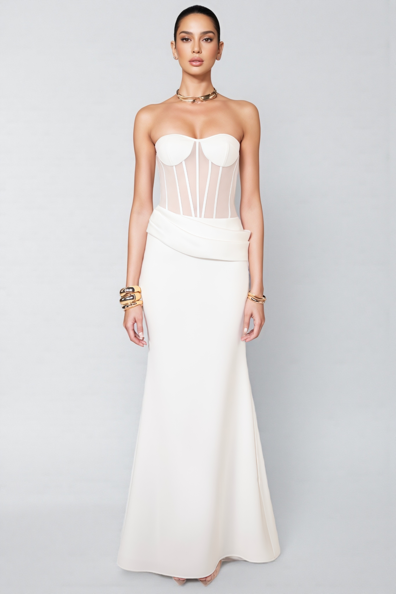 Ramla White Fishbone Split Maxi Dress Set