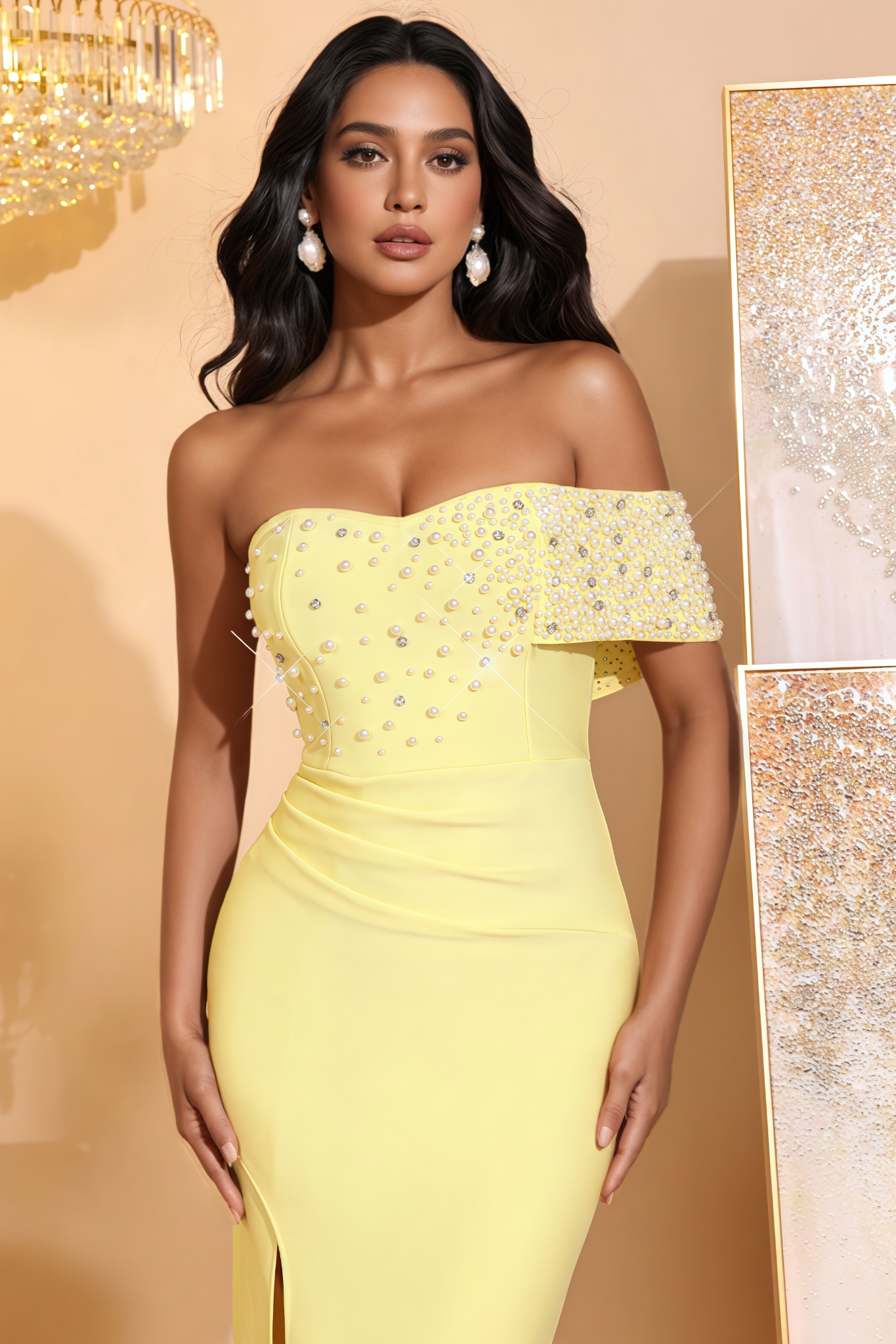 Zora Yellow Pearl Slit Bandage Maxi Dress