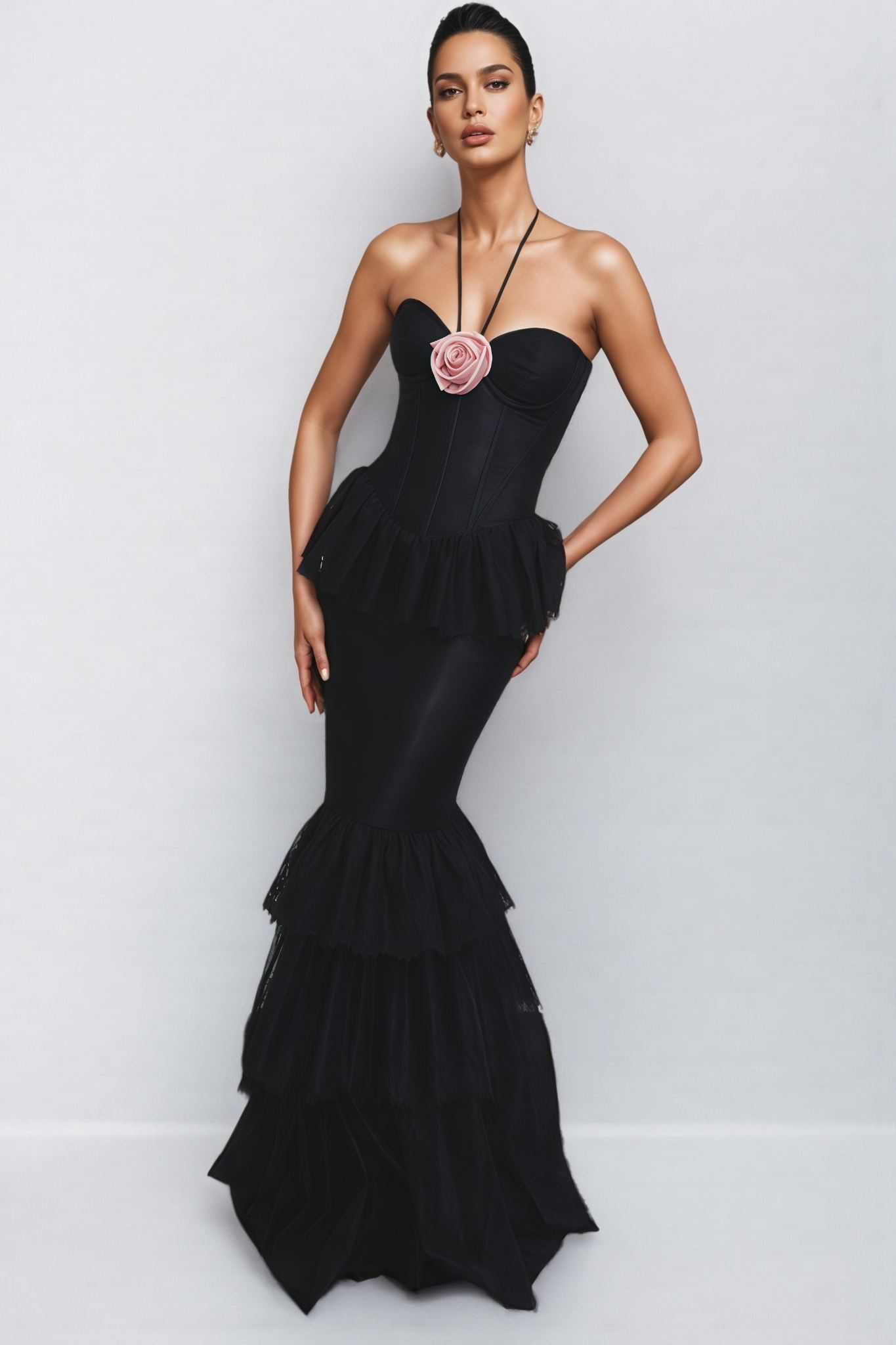 Bastien Black Lace Floral Maxi Dress