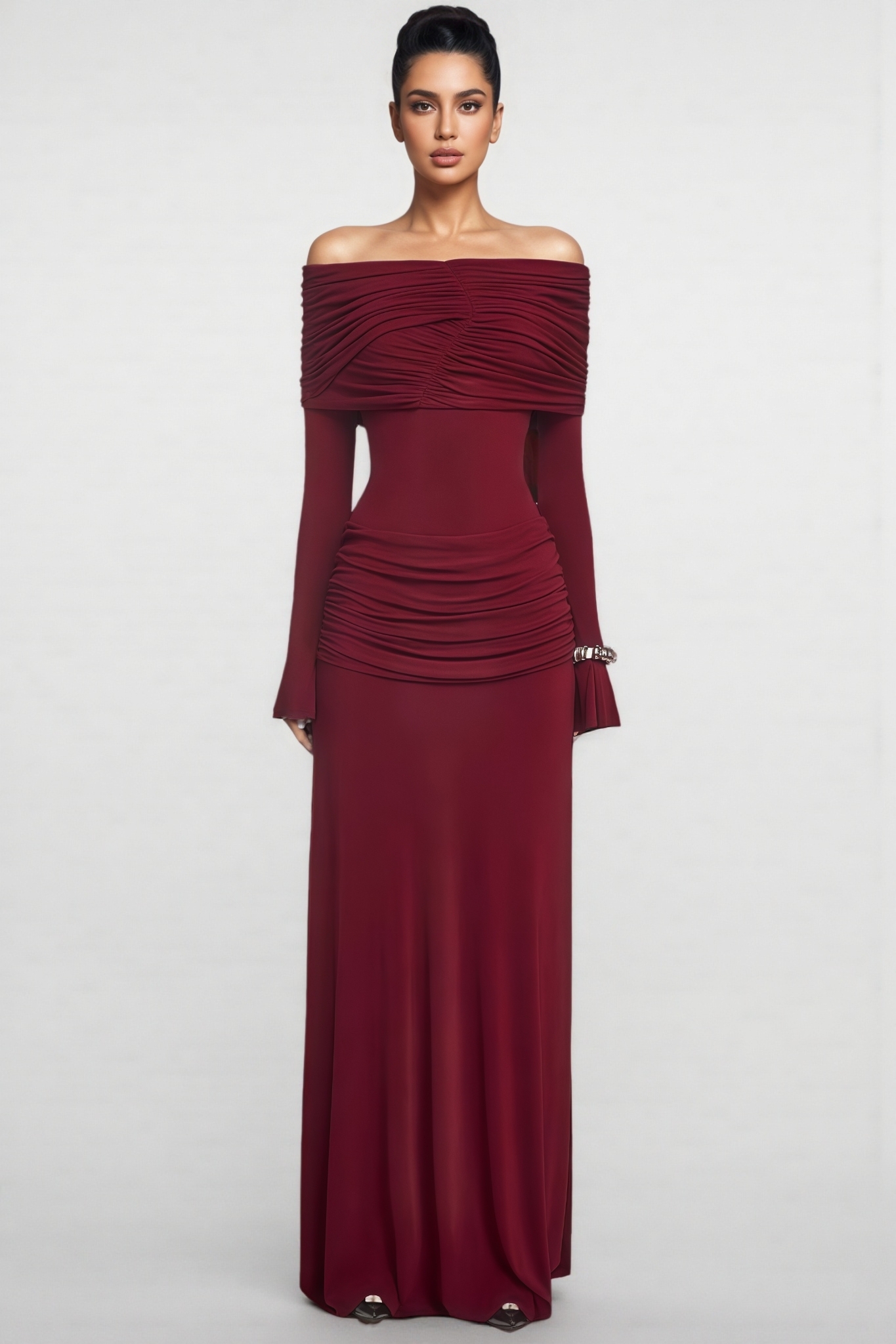 Calenly Red Knit Long Sleeve Pleated Maxi Dress