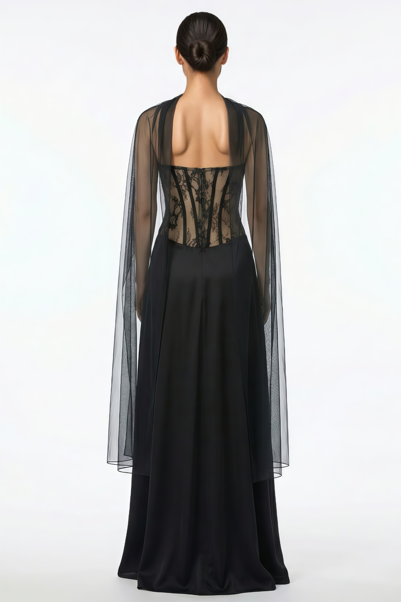 Vyony Black Lace Tulle Shawl Maxi Dress