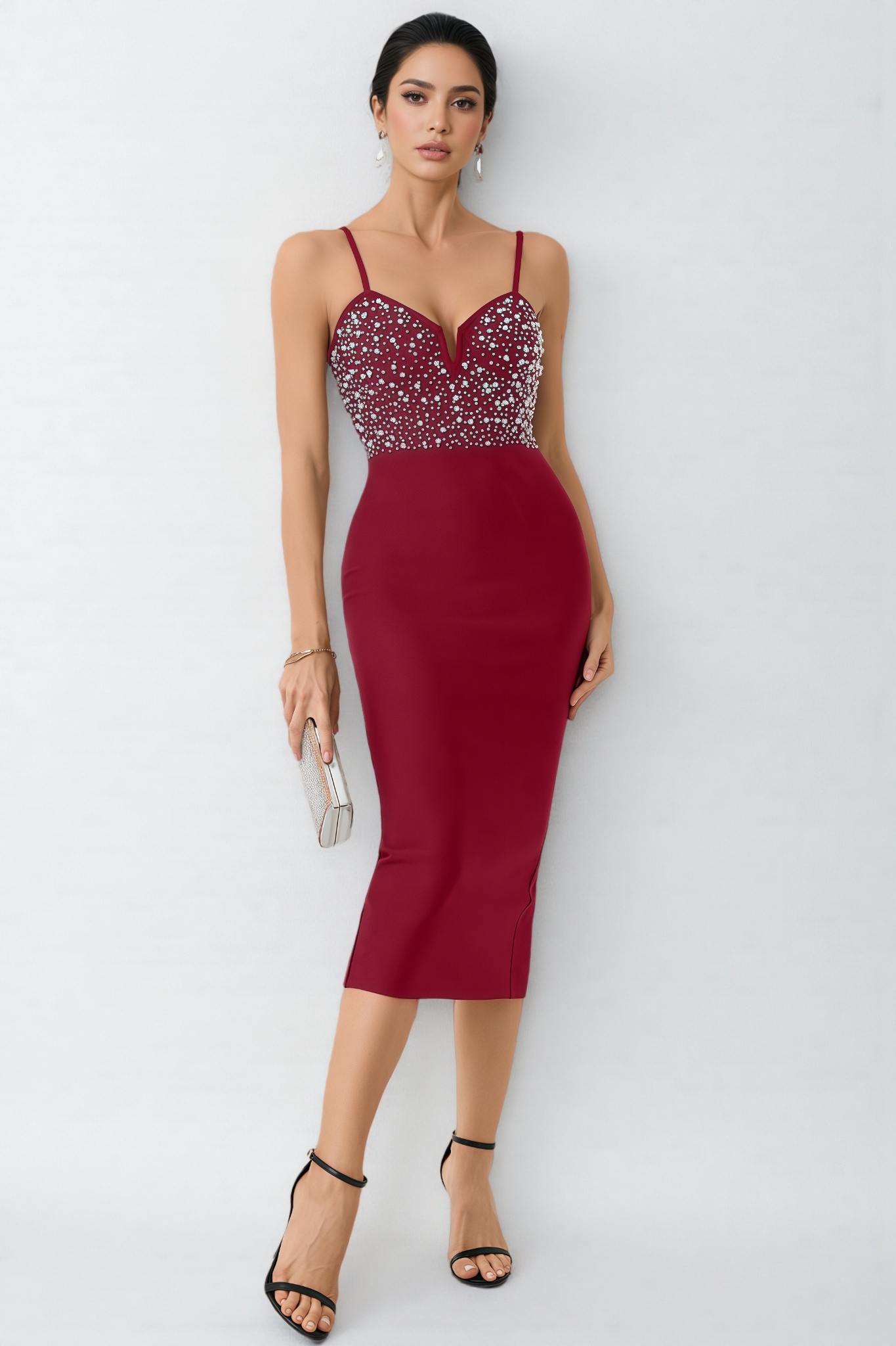 Slaia Red Studded Bandage Midi Dress