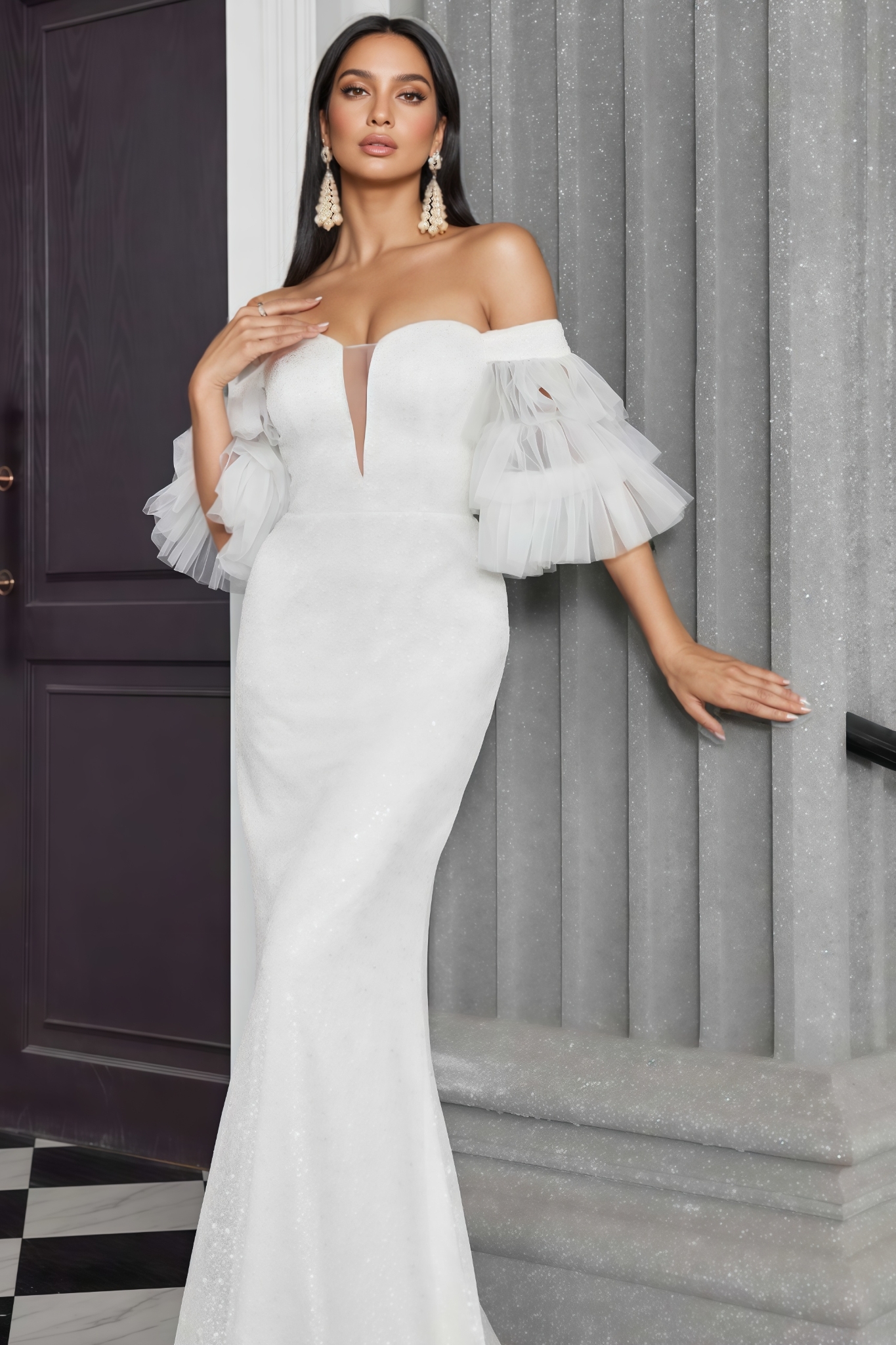 Tyrzsd White Mermaid Tulle Sleeve Maxi Dress
