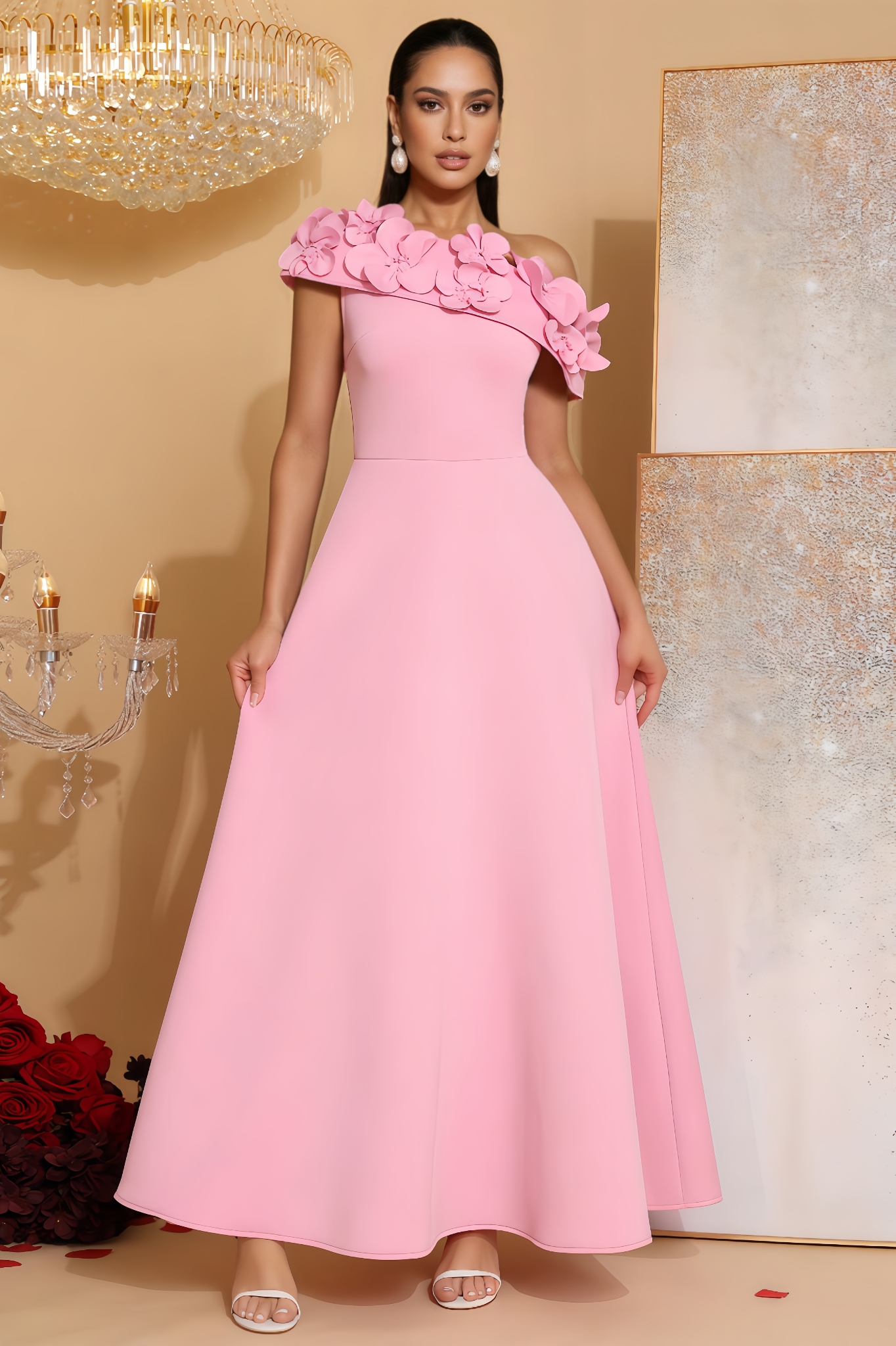 Yvonne Pink 3D Floral Maxi Dress