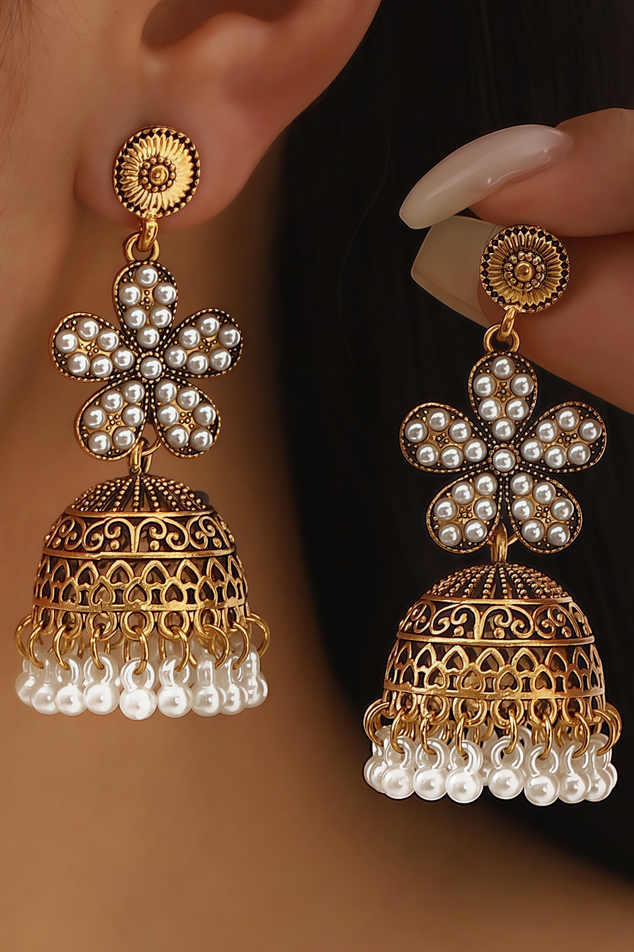 Wrynt Flower Pearl Bell Earrings