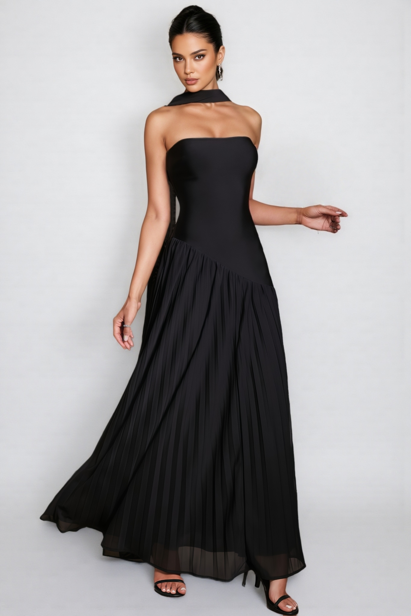 Birtin Strapless Mesh Pleated Maxi Dress