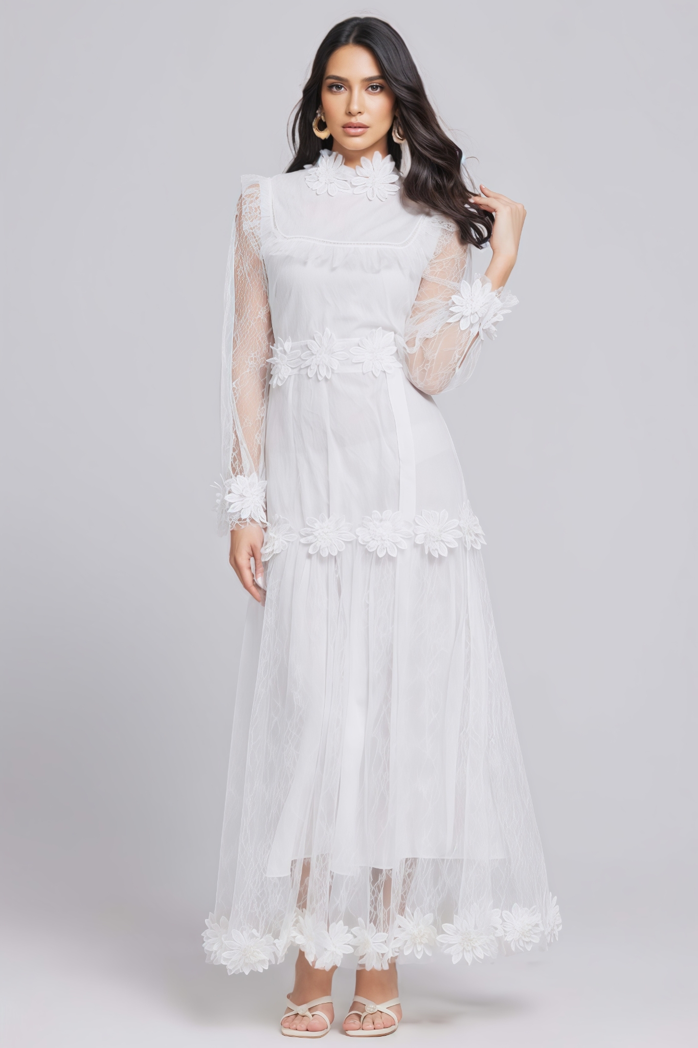 Berjacin White 3D Lace Floral Maxi Dress