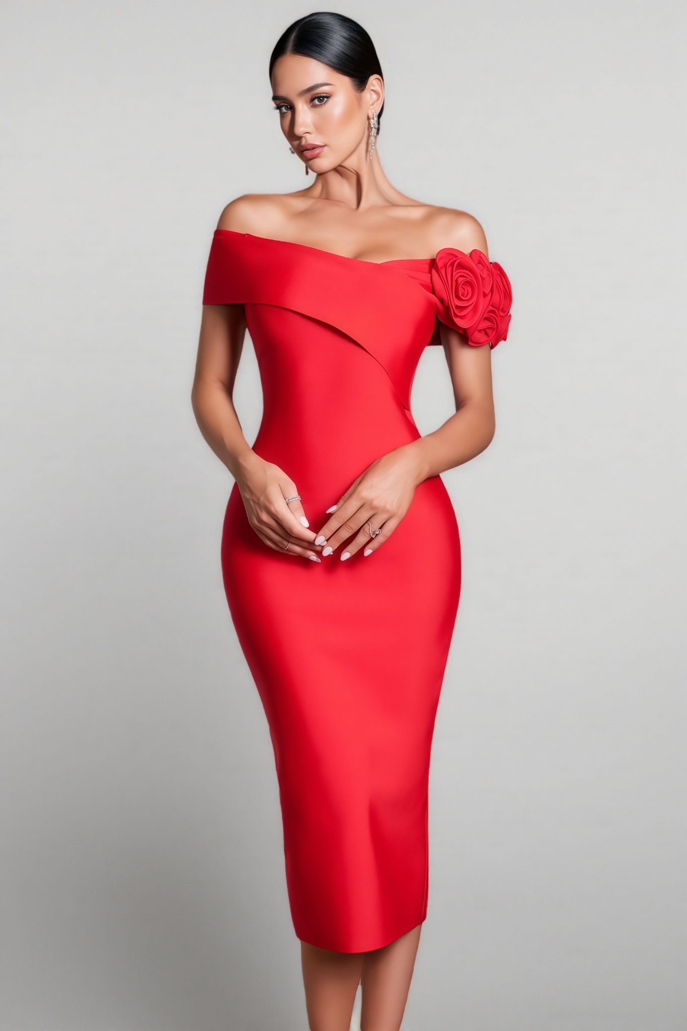 Lorelei Red 3D Floral Bandage Midi Dress