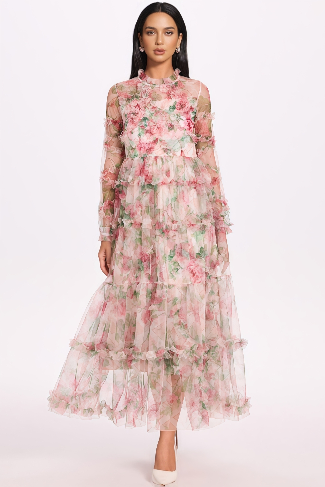 Nash Floral Mesh Ruffled Midi Dress