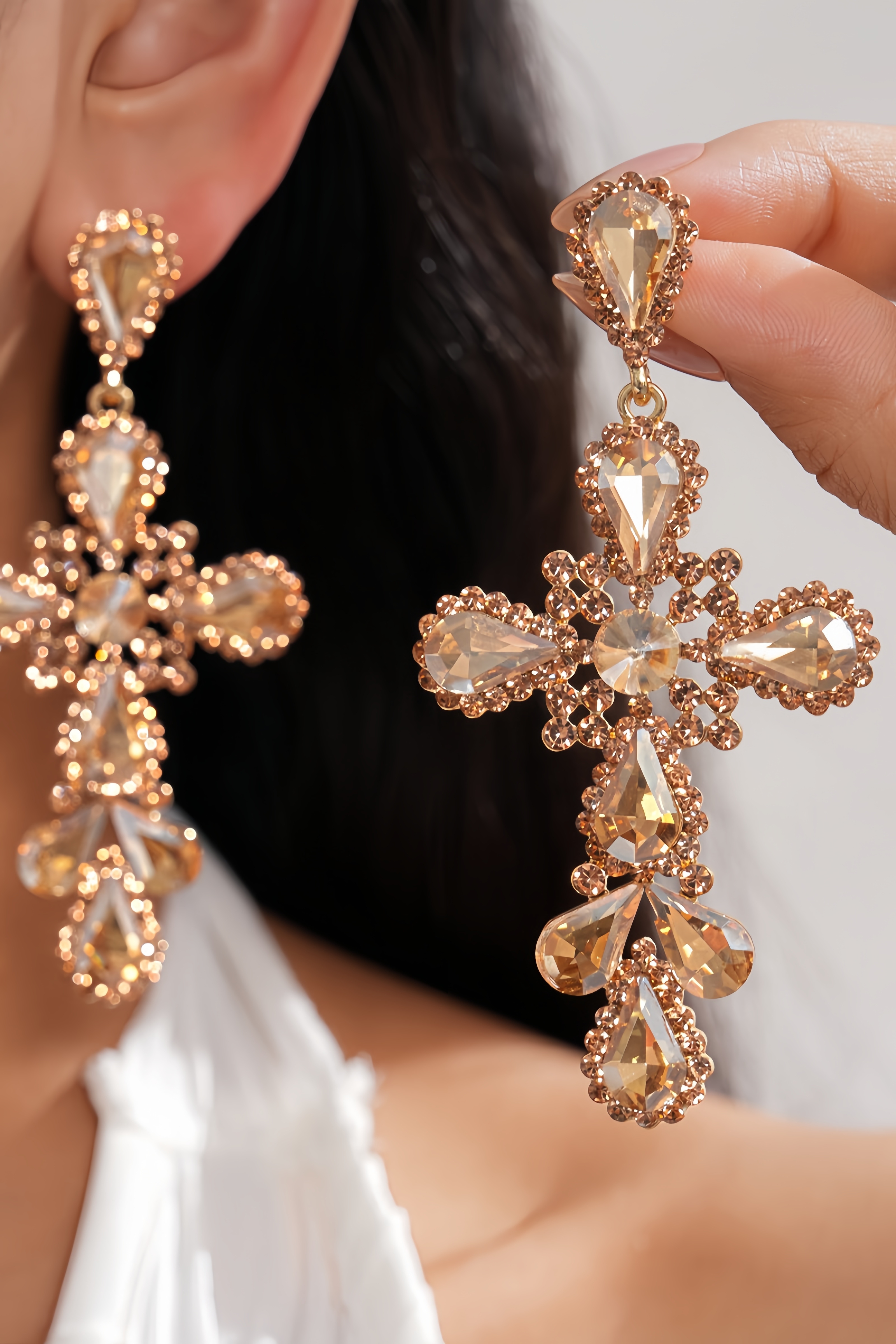 Sanuol Diamond Studded Teardrop Cross Earrings