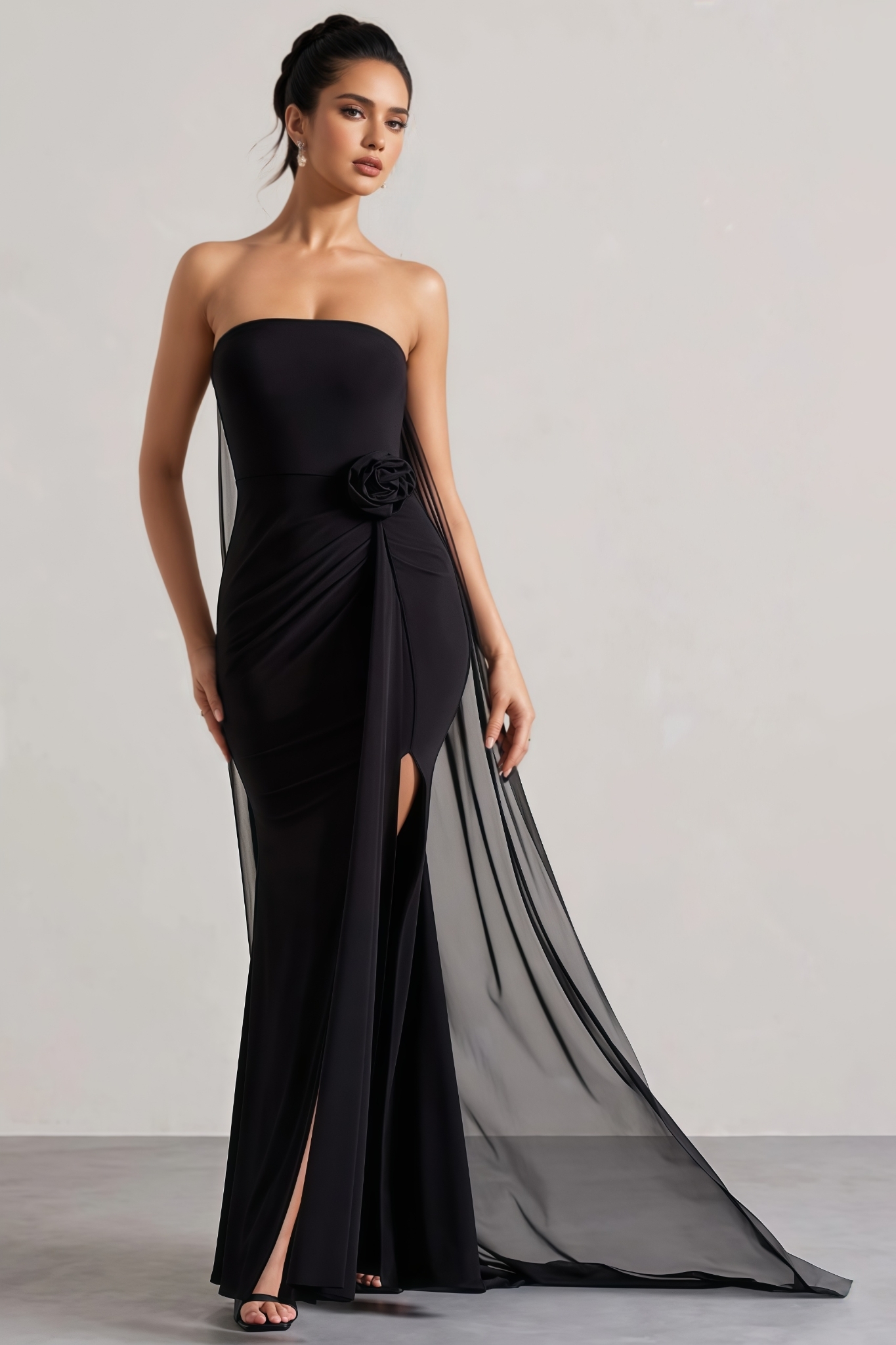 Lena Black Strapless 3D Floral Slit Maxi Dress
