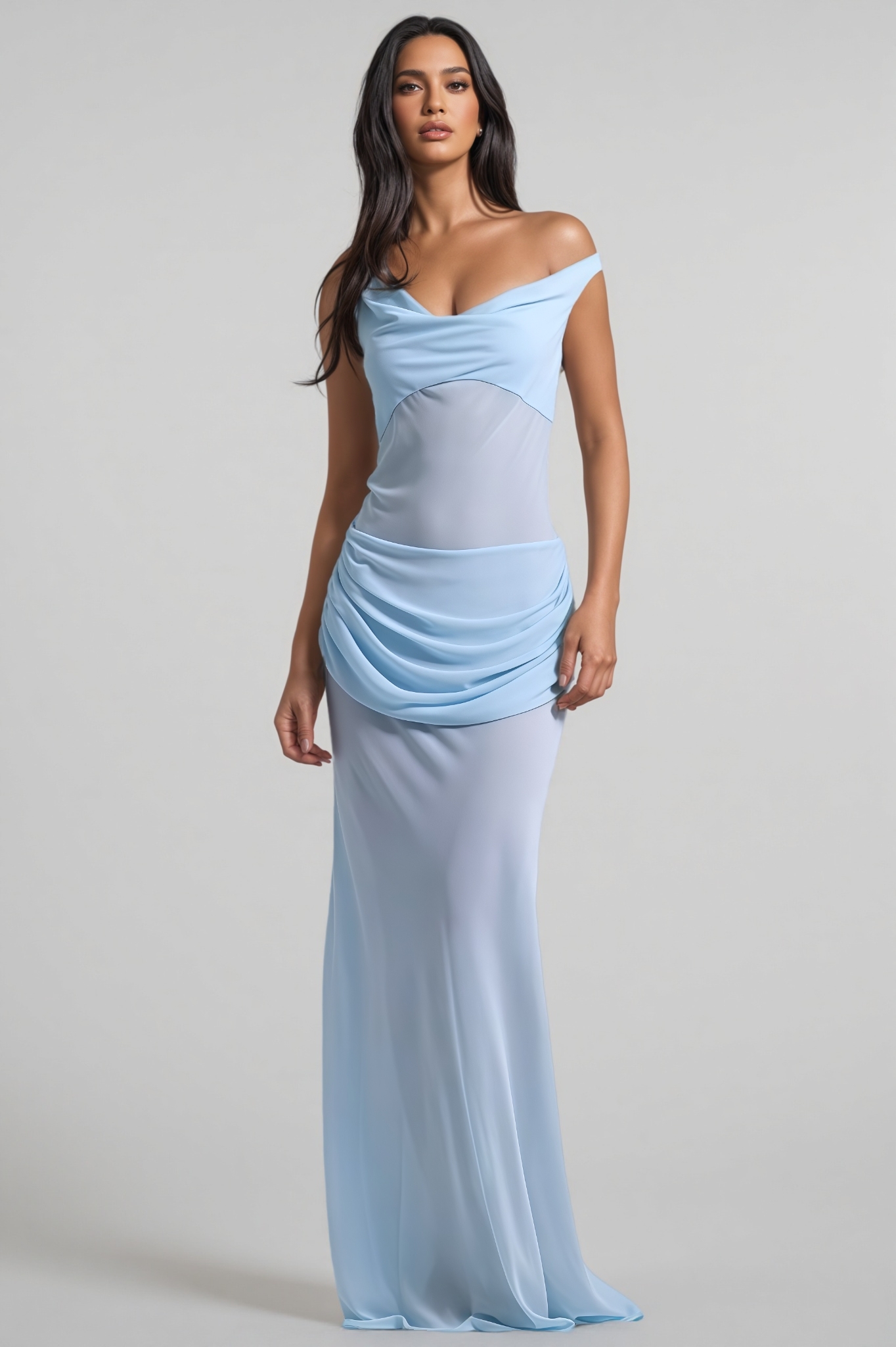 Lzada Blue Off Shoulder Waist Cinched Maxi Dress