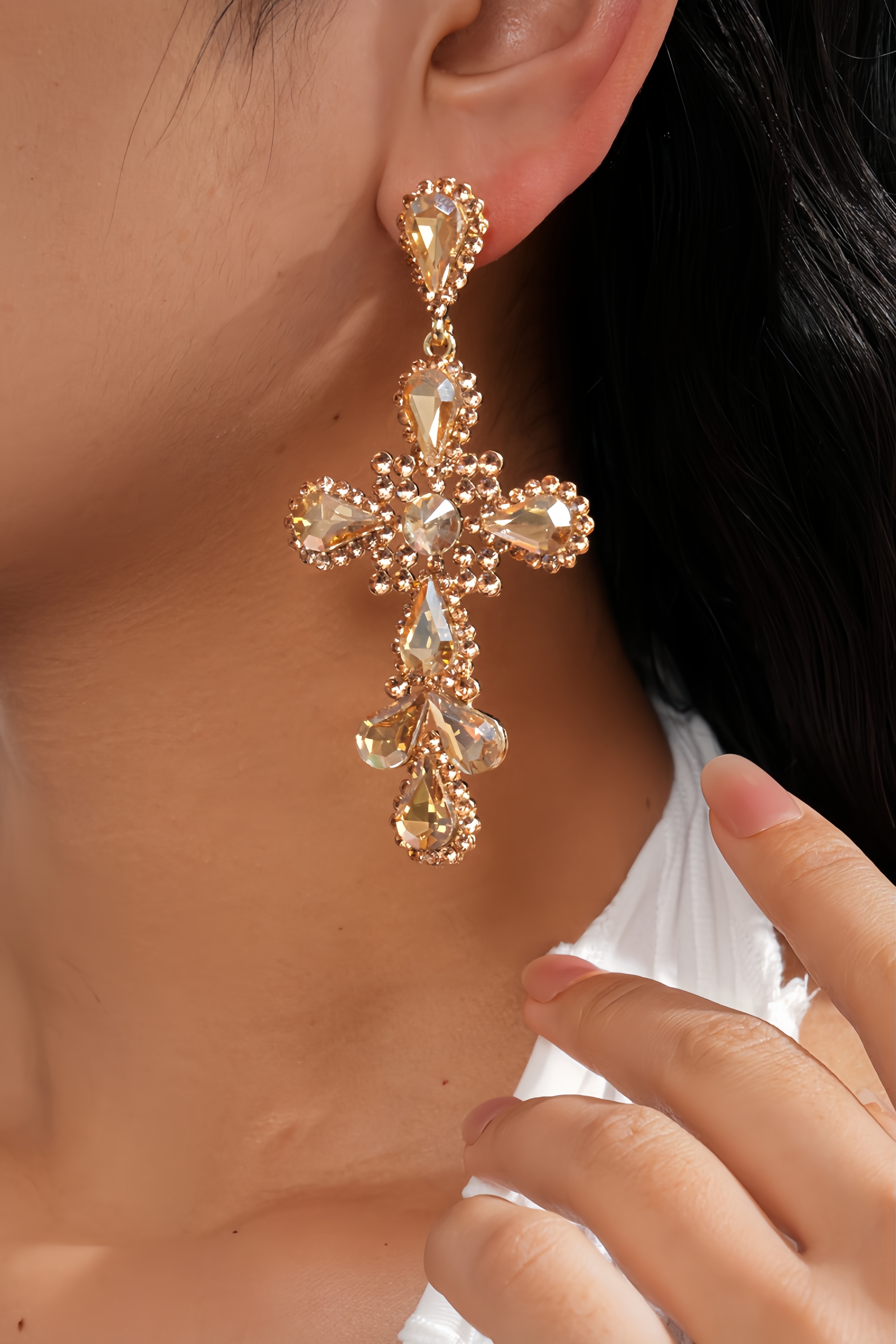 Sanuol Diamond Studded Teardrop Cross Earrings