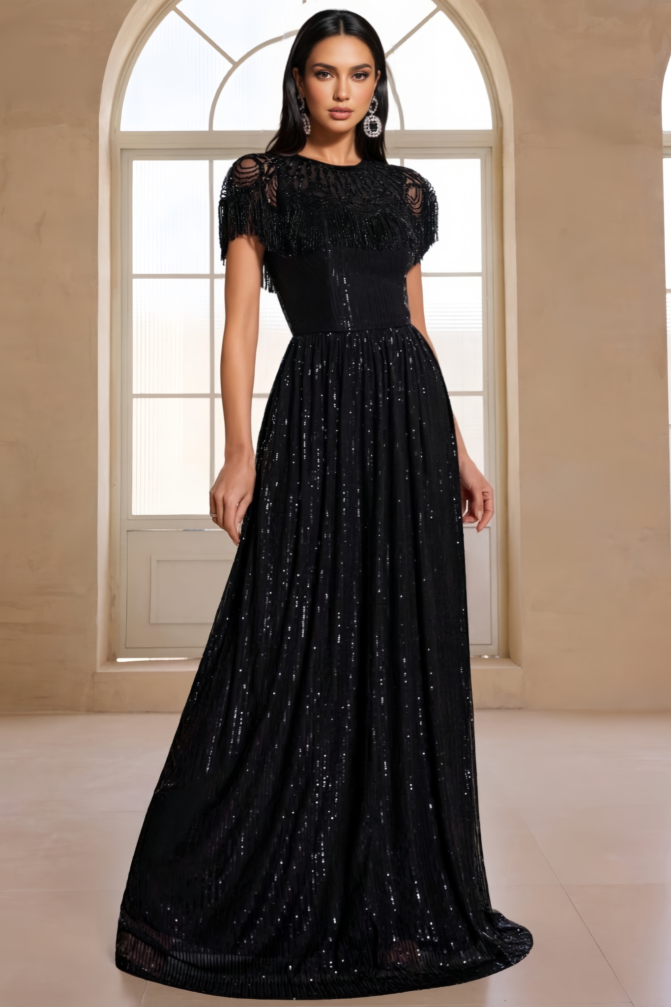 Fernanda Black Short Sleeve Fringe Maxi Dress
